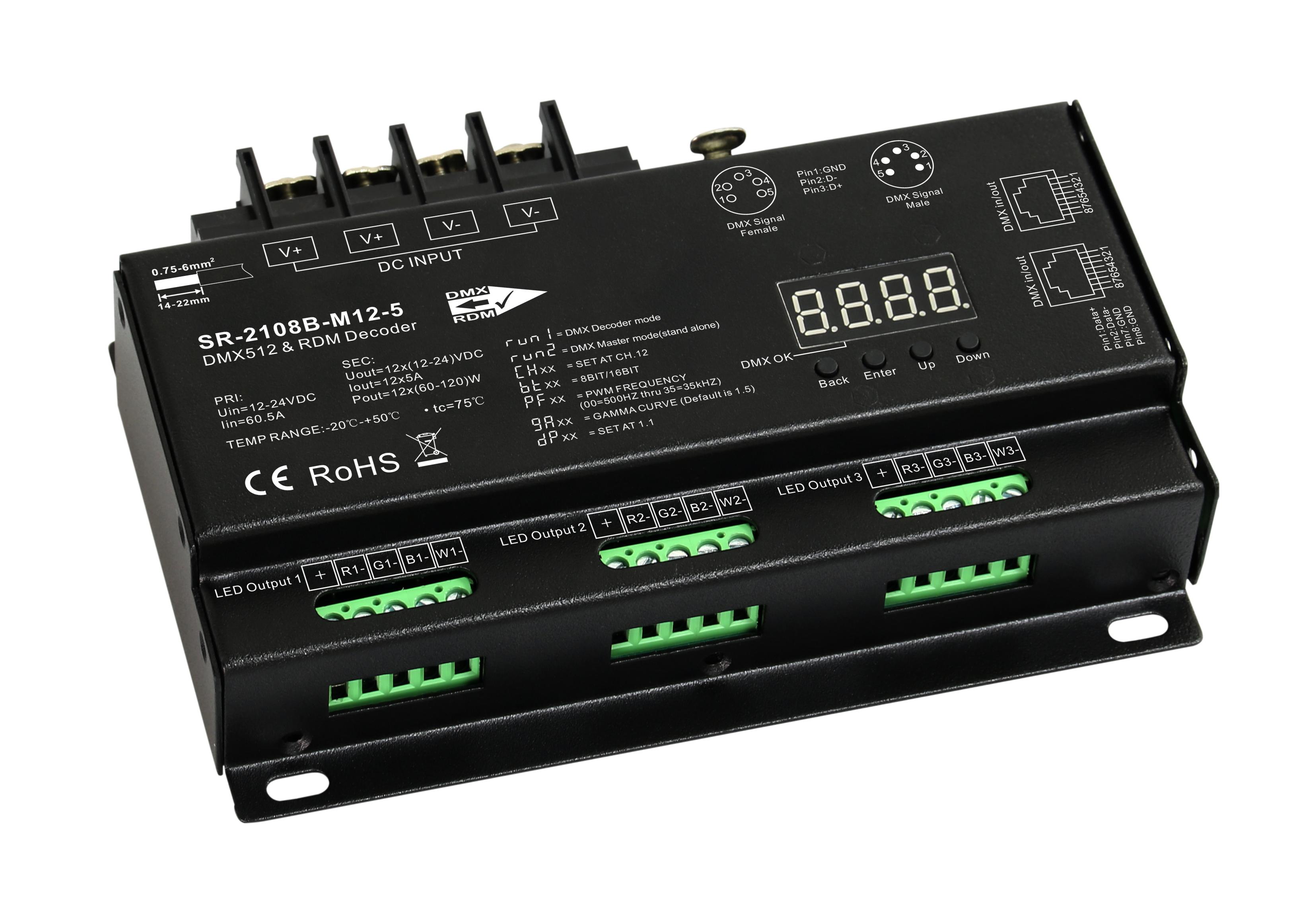 SR-2108B-M12-3 DMX512 & RDM LED Controller – 12-Kanal, 5A/Kanal, 12–24 V, 8/16-Bit PWM, Master/Slave