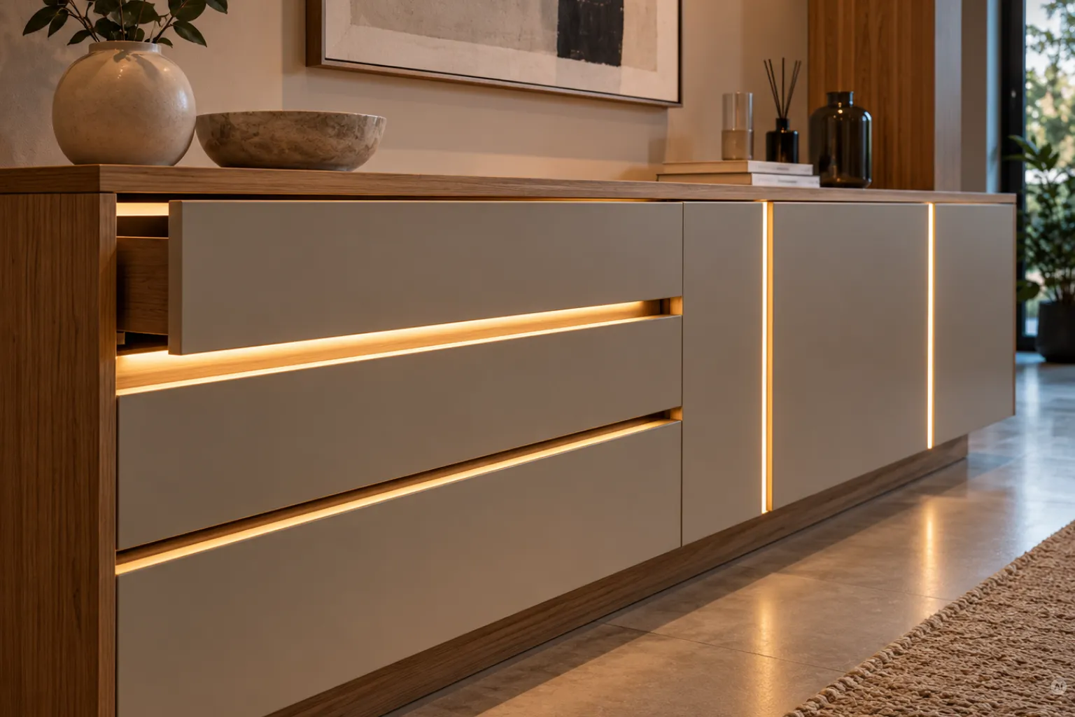 Nahaufnahme eines modernen Sideboards mit Korpus aus Eichenholz und hellgrauen Matt-Fronten. Warme LED-Lichtbänder sind bündig in die horizontalen Griffleisten und vertikalen Schattenfugen integriert.