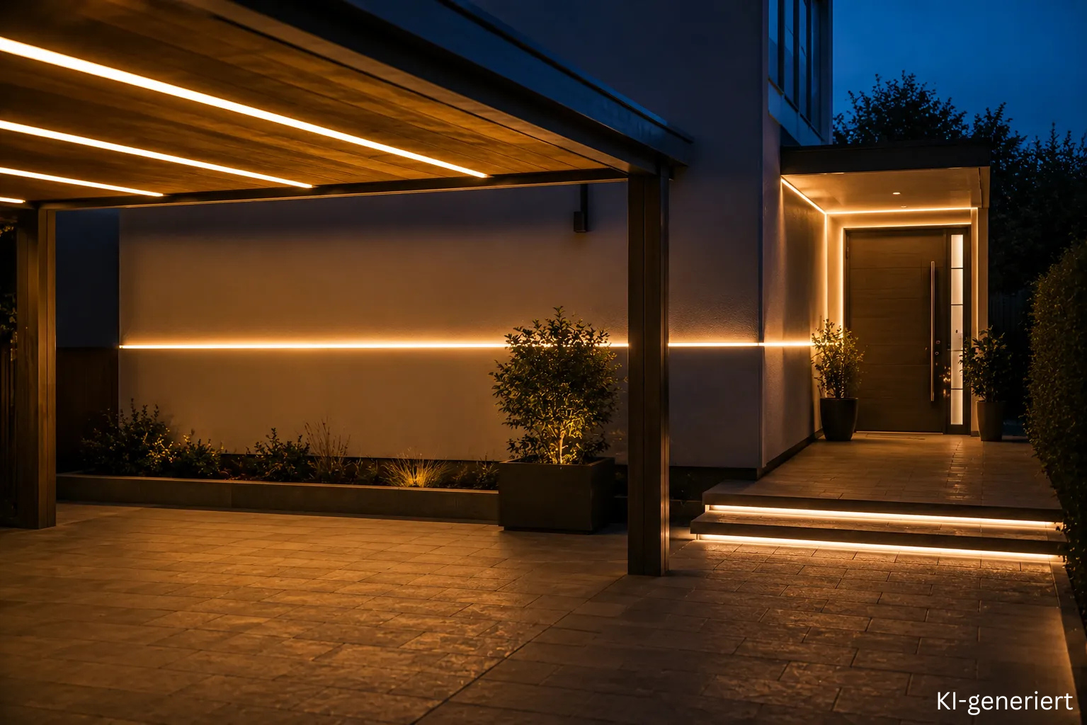 Übergang vom Carport zur Haustür mit LED Lichtlinie an der Hauswand
