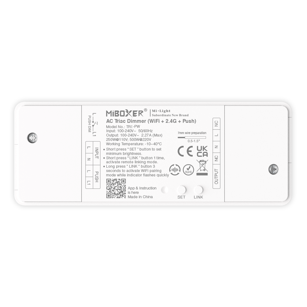 MiBoxer TRI-PW WIFI LED-Dimmer für 230 V – Triac-Dimmer 500 W mit 2,4Ghz & Tastersteuerung