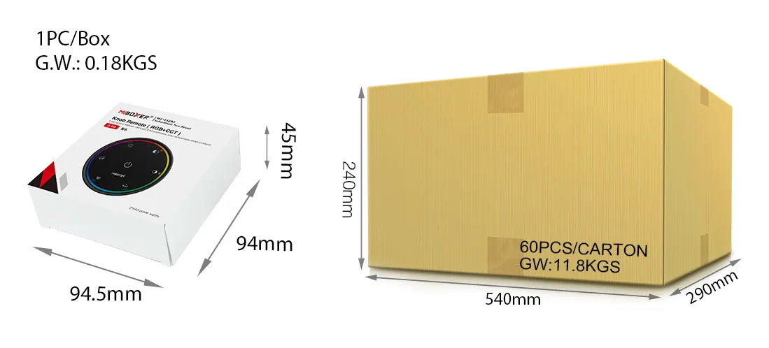 MiBoxer K6 RGB+CCT Fernbedienung Verpackung und Abmessungen