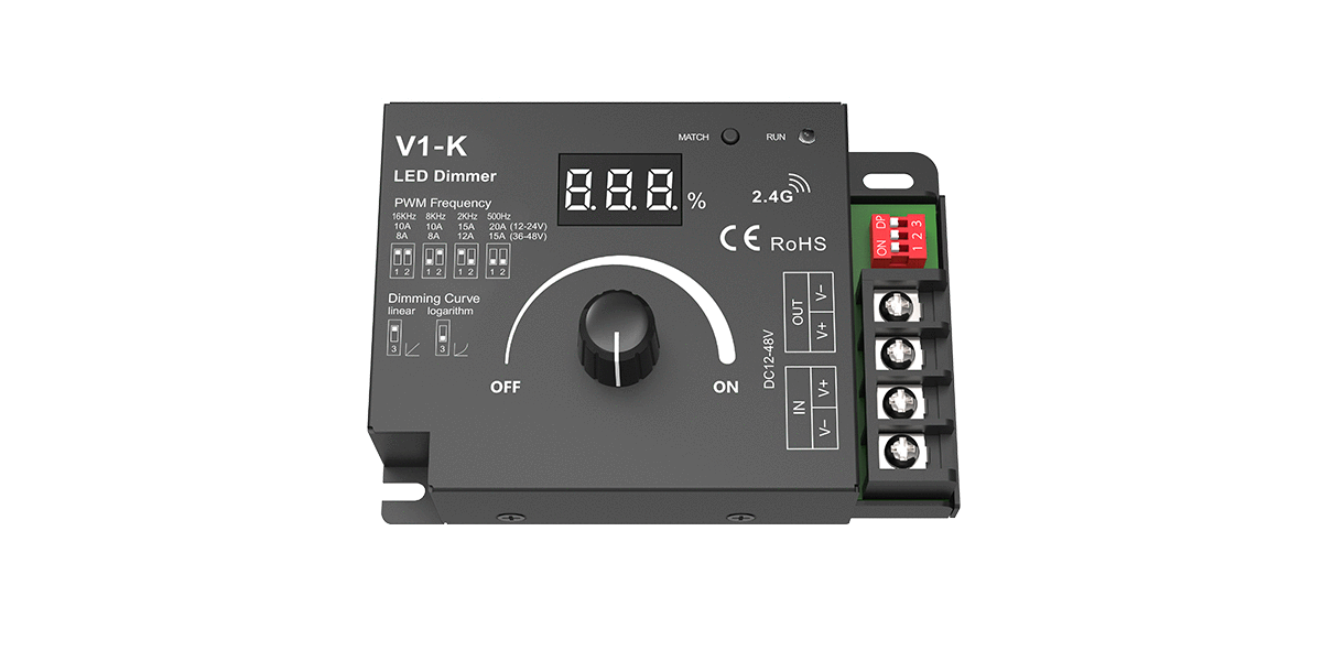 V1-K LED Dimmer 1 Kanal 12-48V 20A für einfarbige LED Streifen mit Konstantspannung und Drehregler
