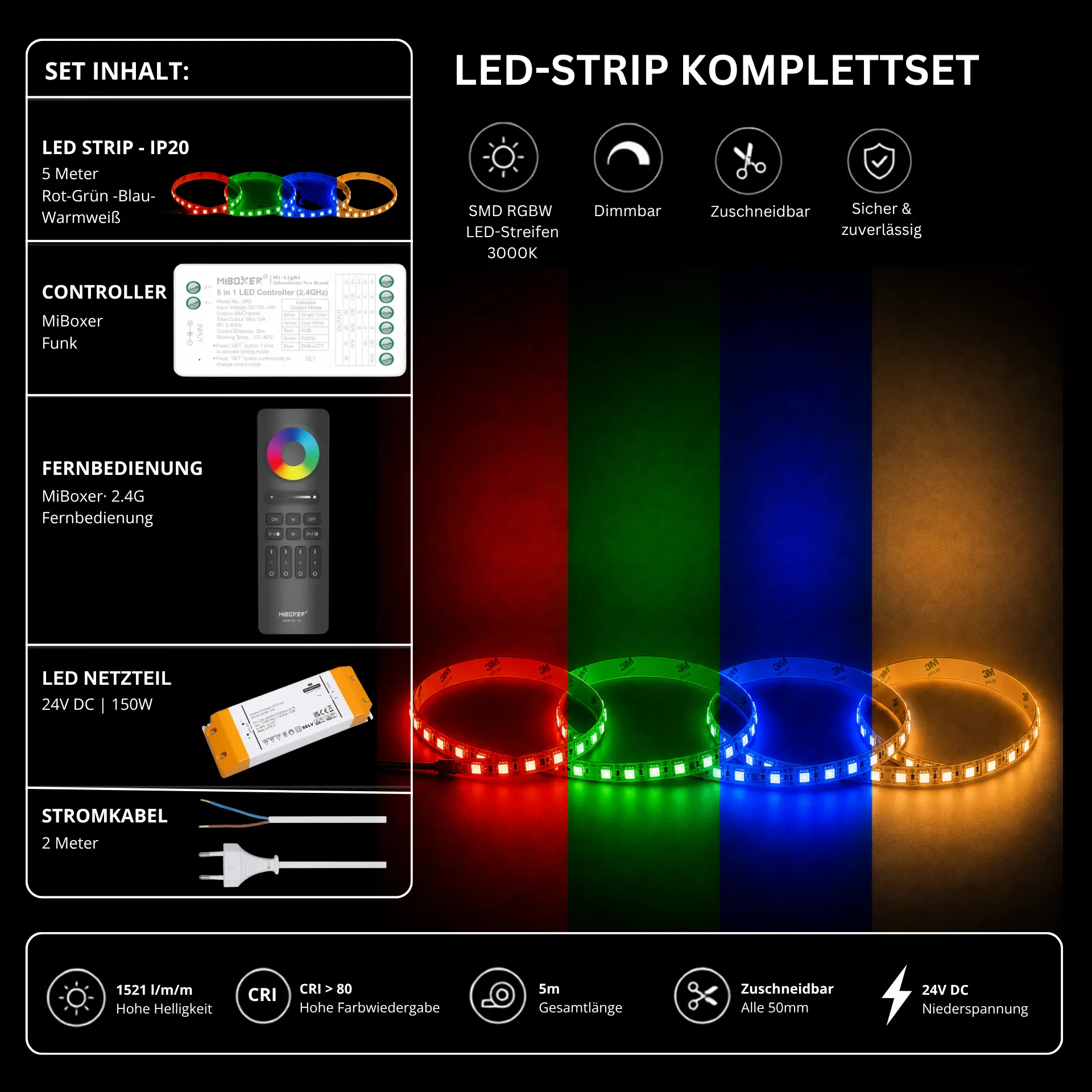 LED Streifen Set RGBW – SMD LED Streifen 24V, 4-in-1, 19,2 W/m, 5m, RGB + Warmweiß 3000K – SS150 Netzteil, SR5 Funk-Controller & C5 Fernbedienung Schwarz