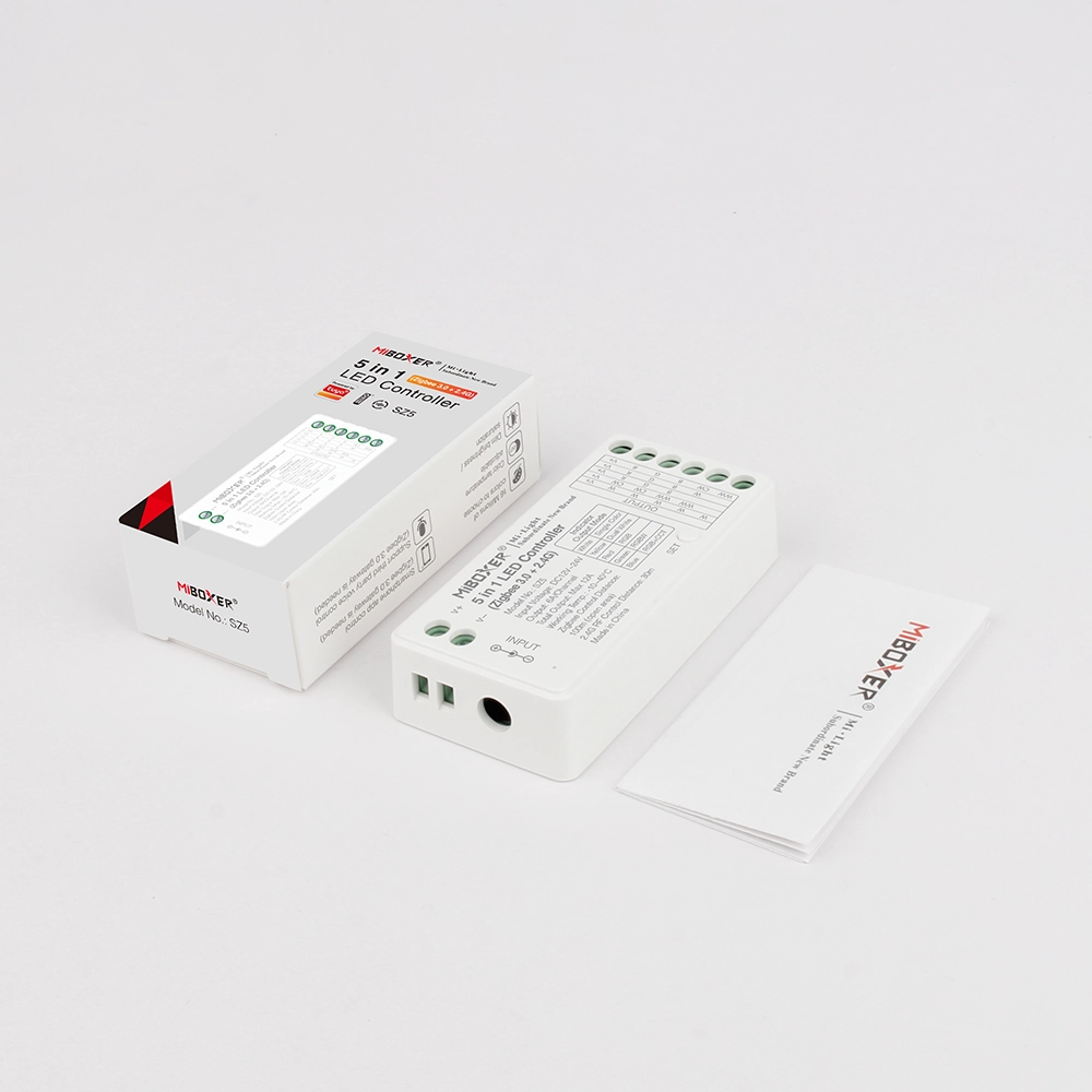 MiBoxer SZ5 LED Controller 5in1 Zigbee 3.0 2.4GHz RGB RGBW RGBCCT 12–24V MiBoxer SZ5 5in1 LED Controller Zigbee 3.0 und 2.4GHz für RGB RGBW RGBCCT und CCT LED Streifen 12–24V mit Anschlussklemmen