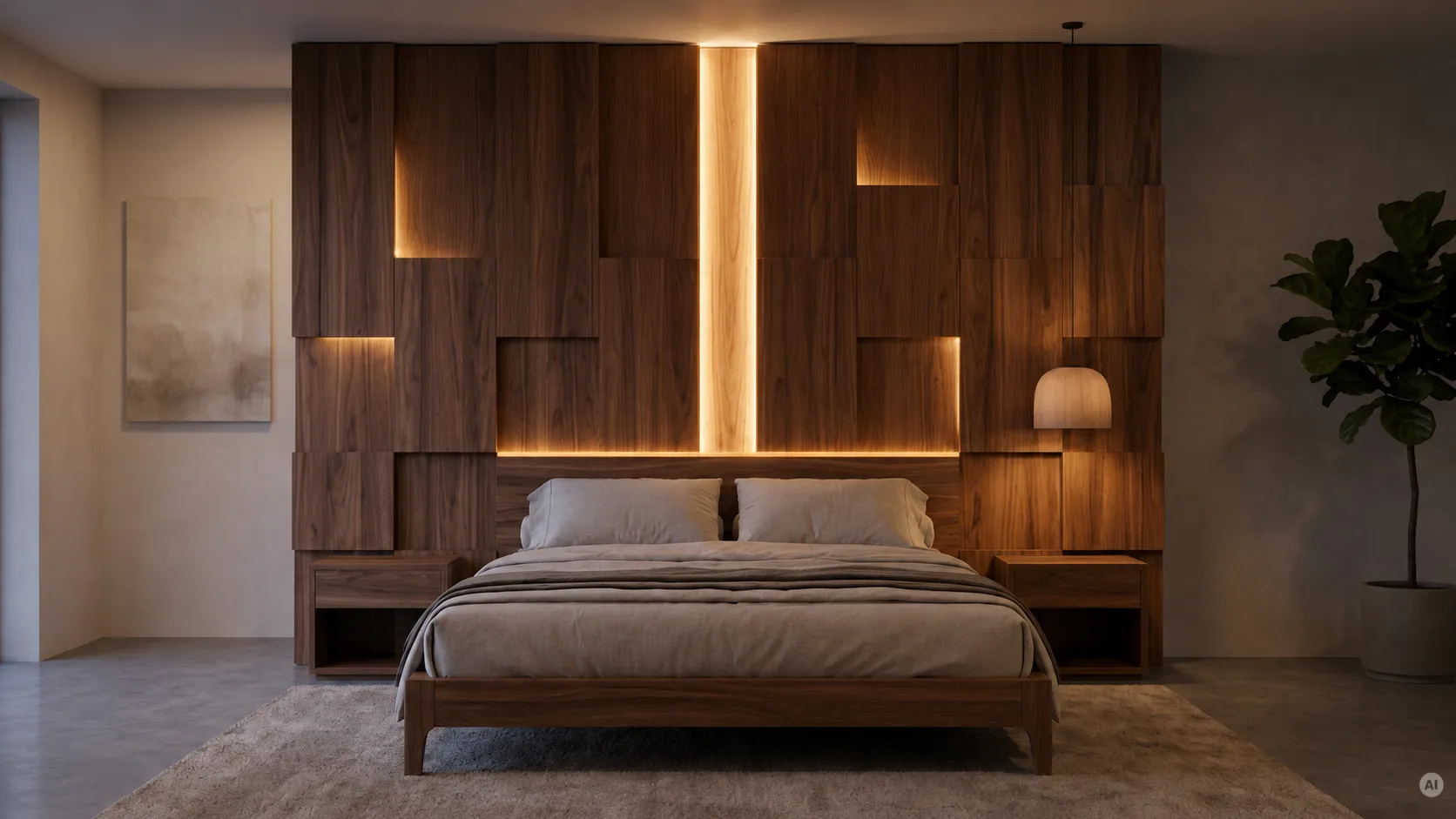 Elegantes Doppelbett aus Holz mit einer großflächigen, strukturierten Holzwand als Kopfteil und integrierter, indirekter LED-Beleuchtung in einem modernen Schlafzimmer.