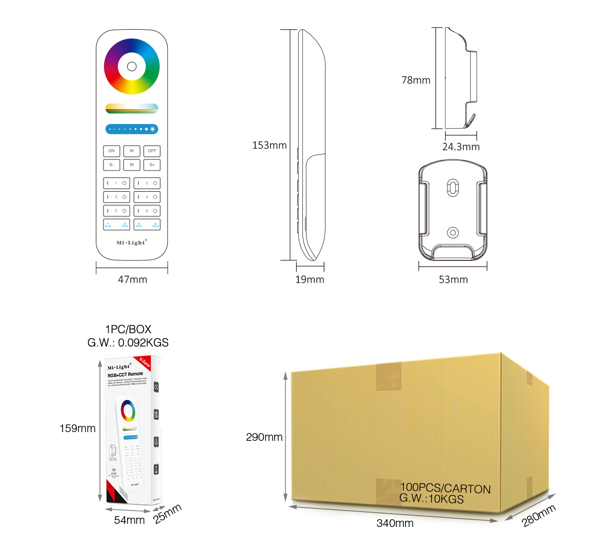 MiBoxer FUT089S RGB + CCT Funk-Fernbedienung – 2,4 GHz Steuerung MiBoxer / Mi-Light FUT089S RGB + CCT Funk-Fernbedienung – 2,4 GHz Steuerung für LED-Controller – SK-LED