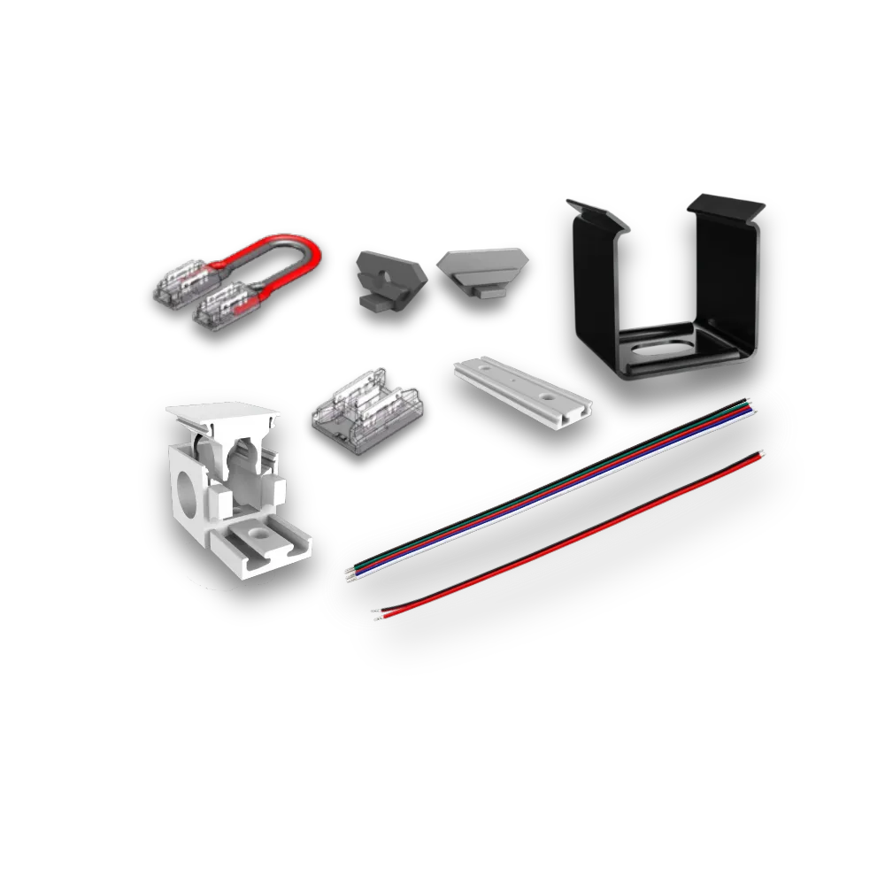 LED Zubehör Set – Verbinder, Kabel & Halterungen LED Zubehör Set mit Verbindern, Kabeln, Halterungen und Montagezubehör für LED Profile
