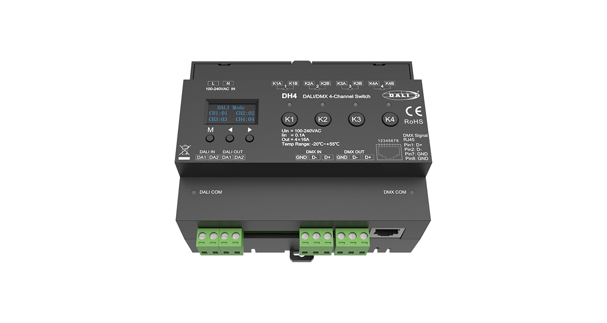 DH4 DALI DMX 4 Kanal Schaltaktor Front mit Anschlüssen LED Controller Modul DH4 DALI DMX 4 Kanal Schaltaktor Front Anschlüsse LED Controller DALI DMX Modul