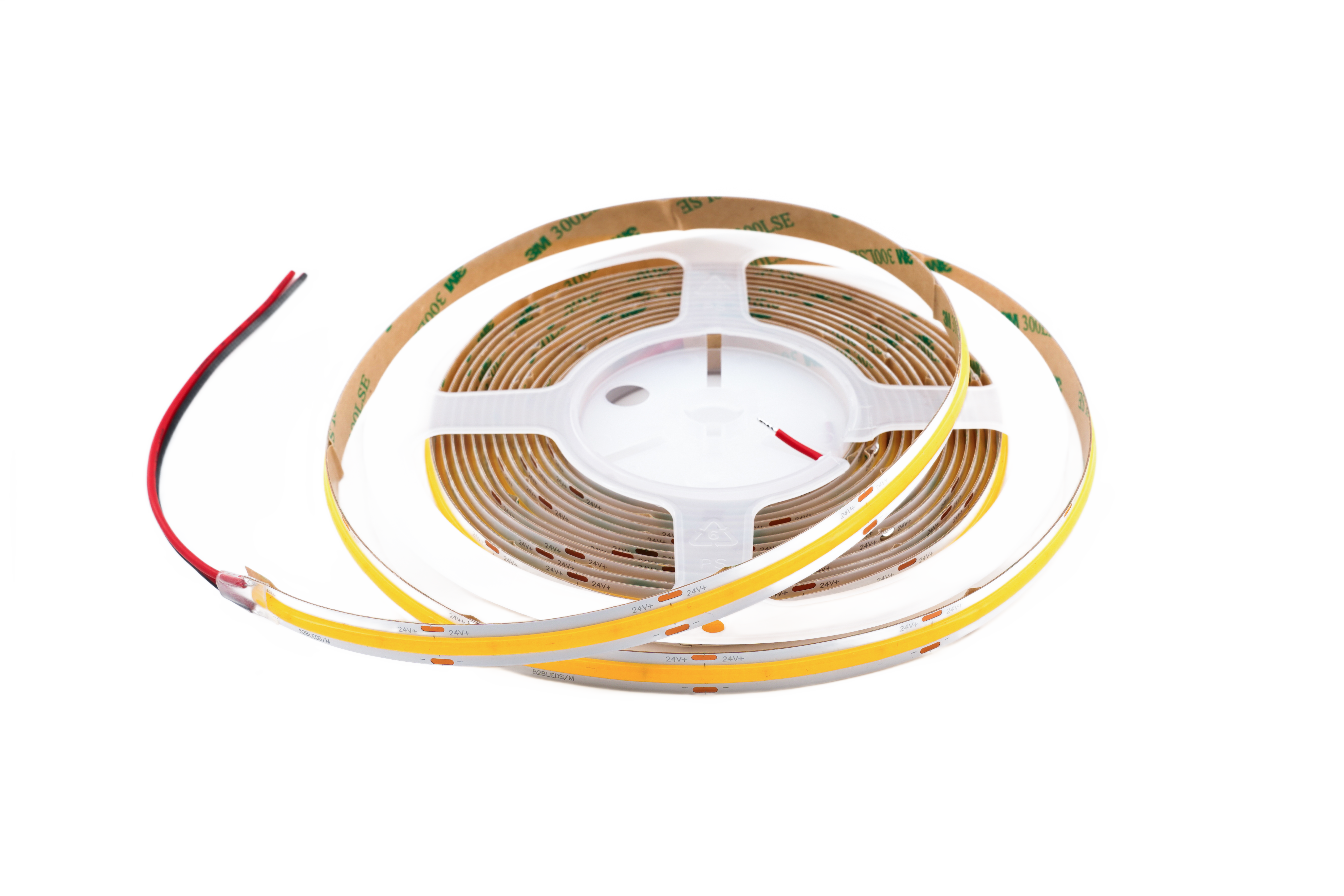 COB LED Streifen 24V – 528 LEDs/m, 10 mm, homogenes Licht, auf Rolle COB LED Streifen 24V mit 528 LEDs pro Meter und 10 mm Breite auf Rolle – homogenes, punktfreies LED Band als unbeleuchtete Produktaufnahme, ideal für Innenraum- und Detailbeleuchtung