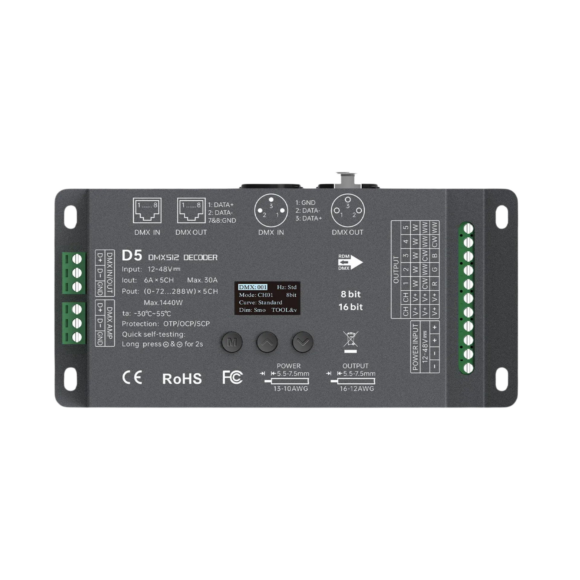 LTECH D5 DMX512/RDM LED Controller 5-Kanal 6A/Kanal, 12-48V DC, mit OLED Display, Konstantspannung