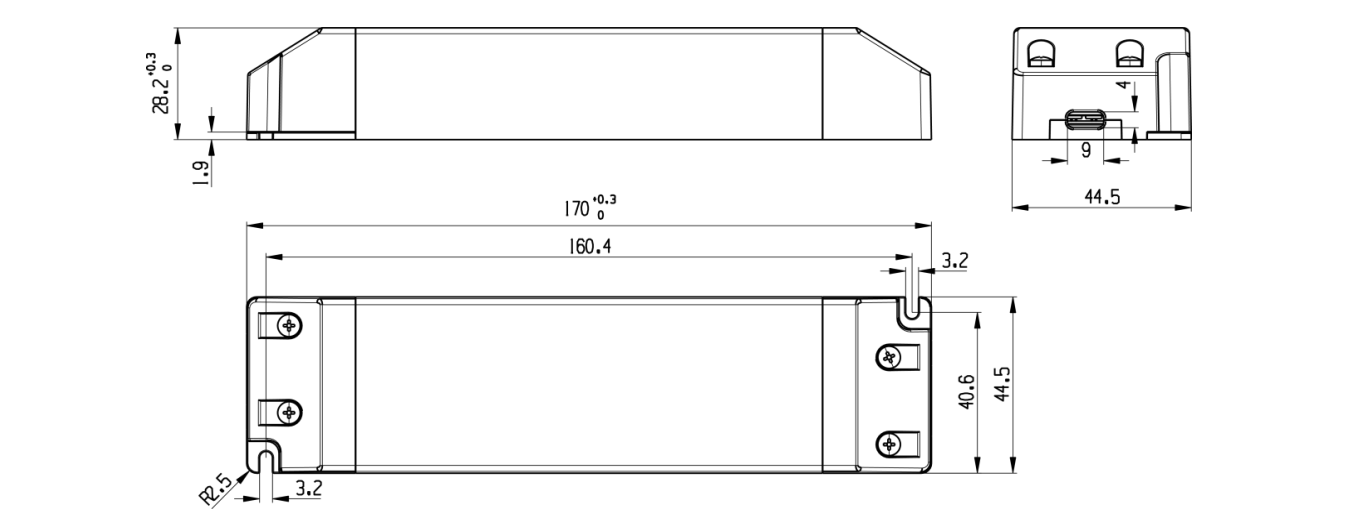 Technische Zeichnung des Snappy SS60-24VL LED-Netzteils mit Abmessungen, 24 V DC Konstantspannung, 60 W