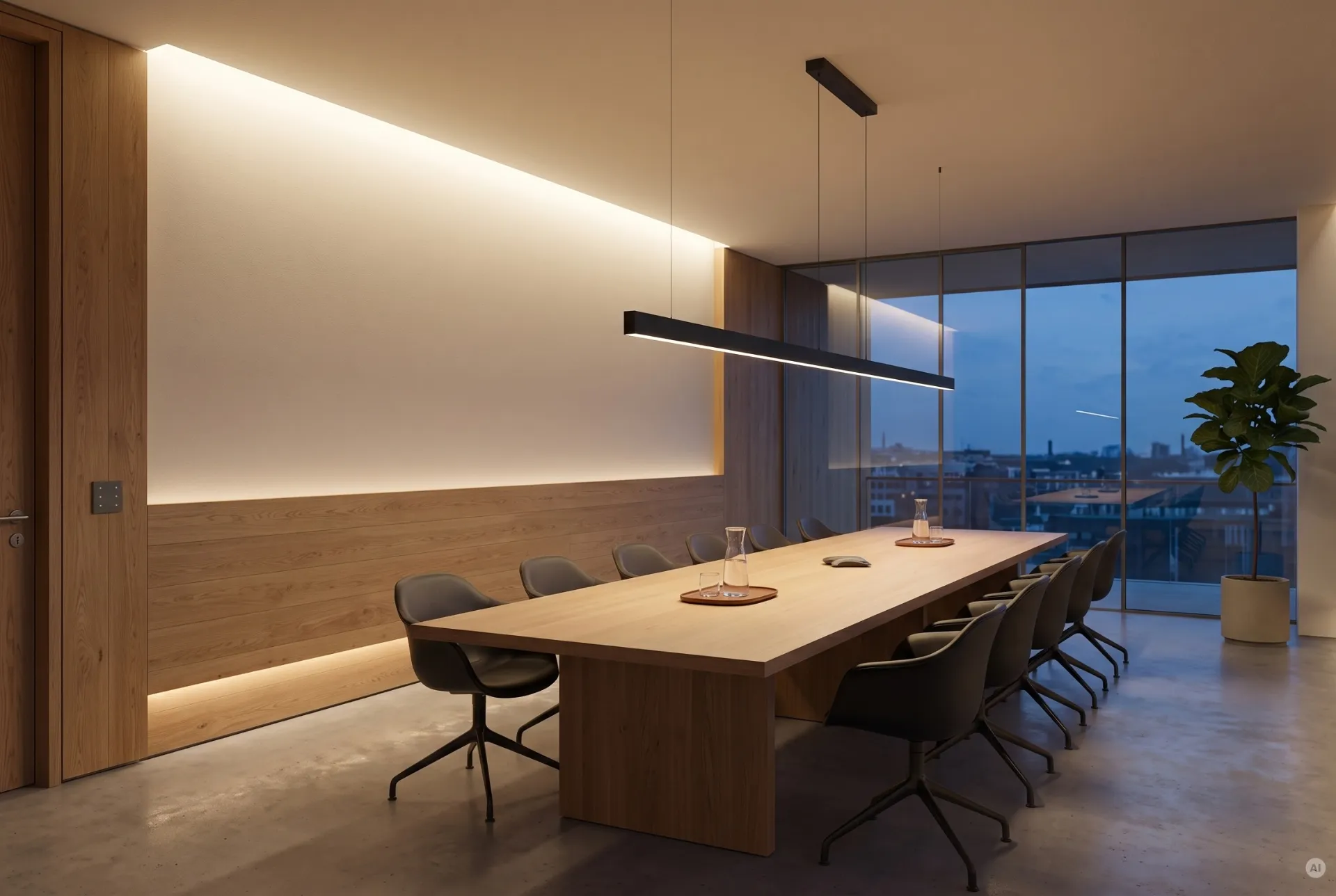 Moderner Konferenzraum mit indirekter LED-Wandbeleuchtung, warmweißer Lichtleiste an Holzverkleidung und langem Holztisch.