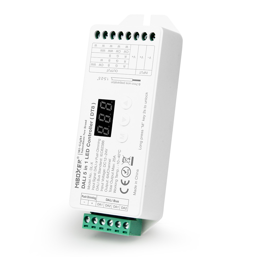 MiBoxer DL-X DALI 5-in-1 LED-Controller DT8 – Konstantspannung, 12–24 V DC, 6 A/Kanal, max. 20 A