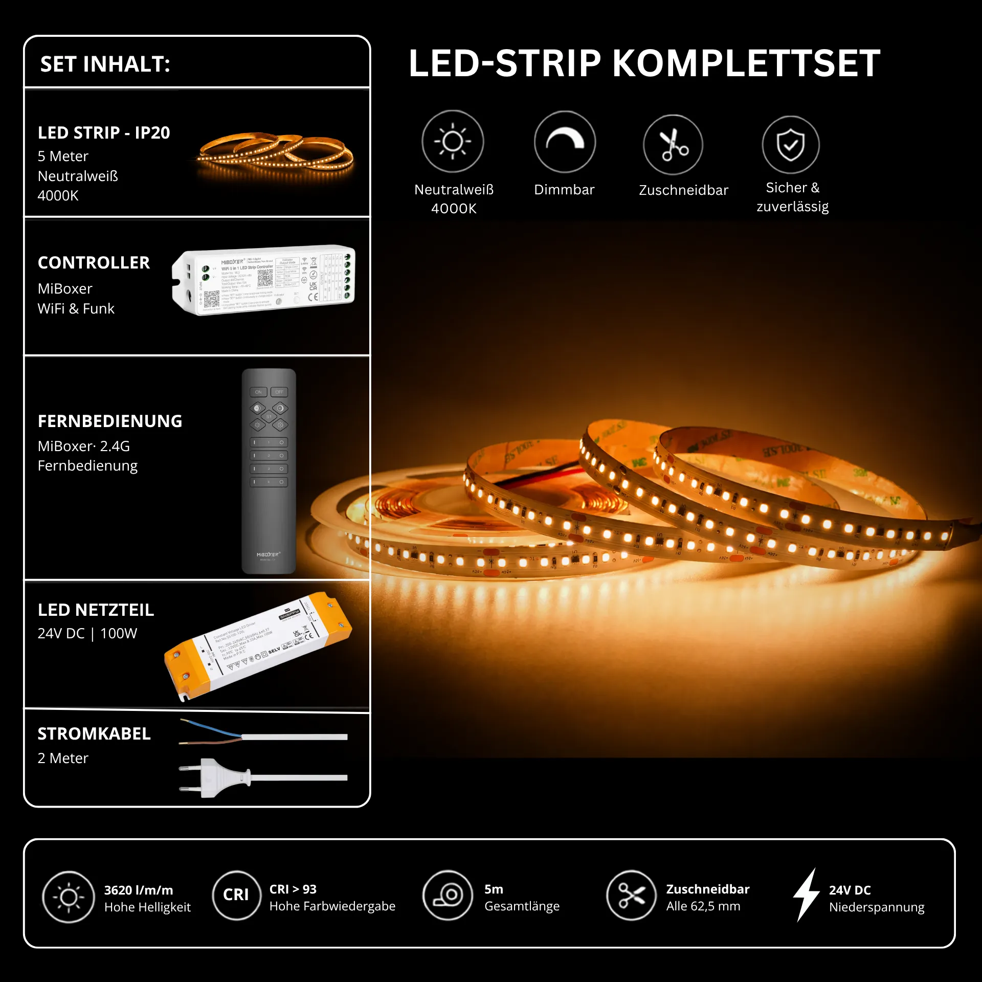 LED Streifen Set High Power Neutralweiß 4000K – SMD LED Streifen 24V, 22 W/m, 3620 lm/m, 5m – SS150 Netzteil, WL5 WiFi Controller & C1 Fernbedienung Schwarz