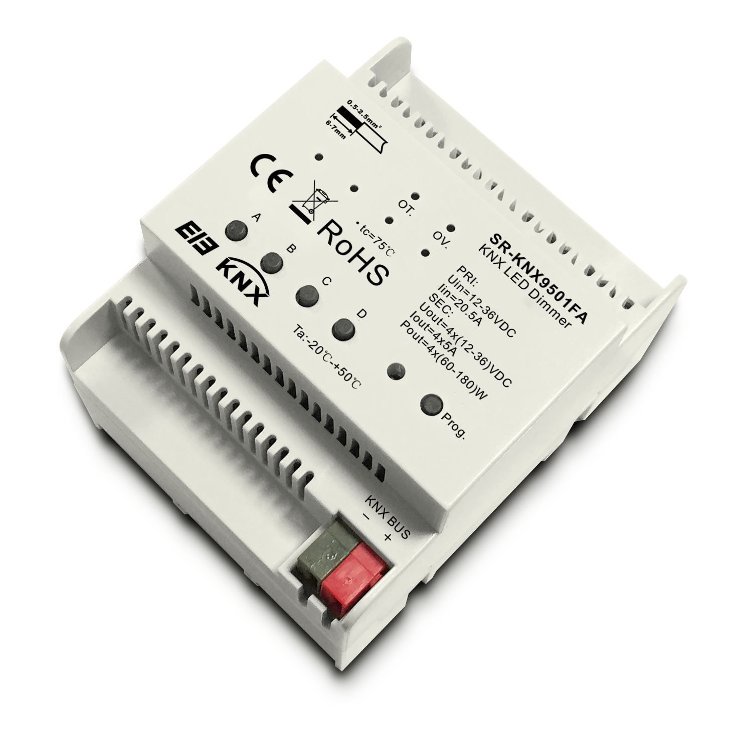 KNX LED-Dimmer SR-KNX 9501FA– 4-Kanal Konstantspannung (12–36 V, je 5 A) für Hutschienenmontage
