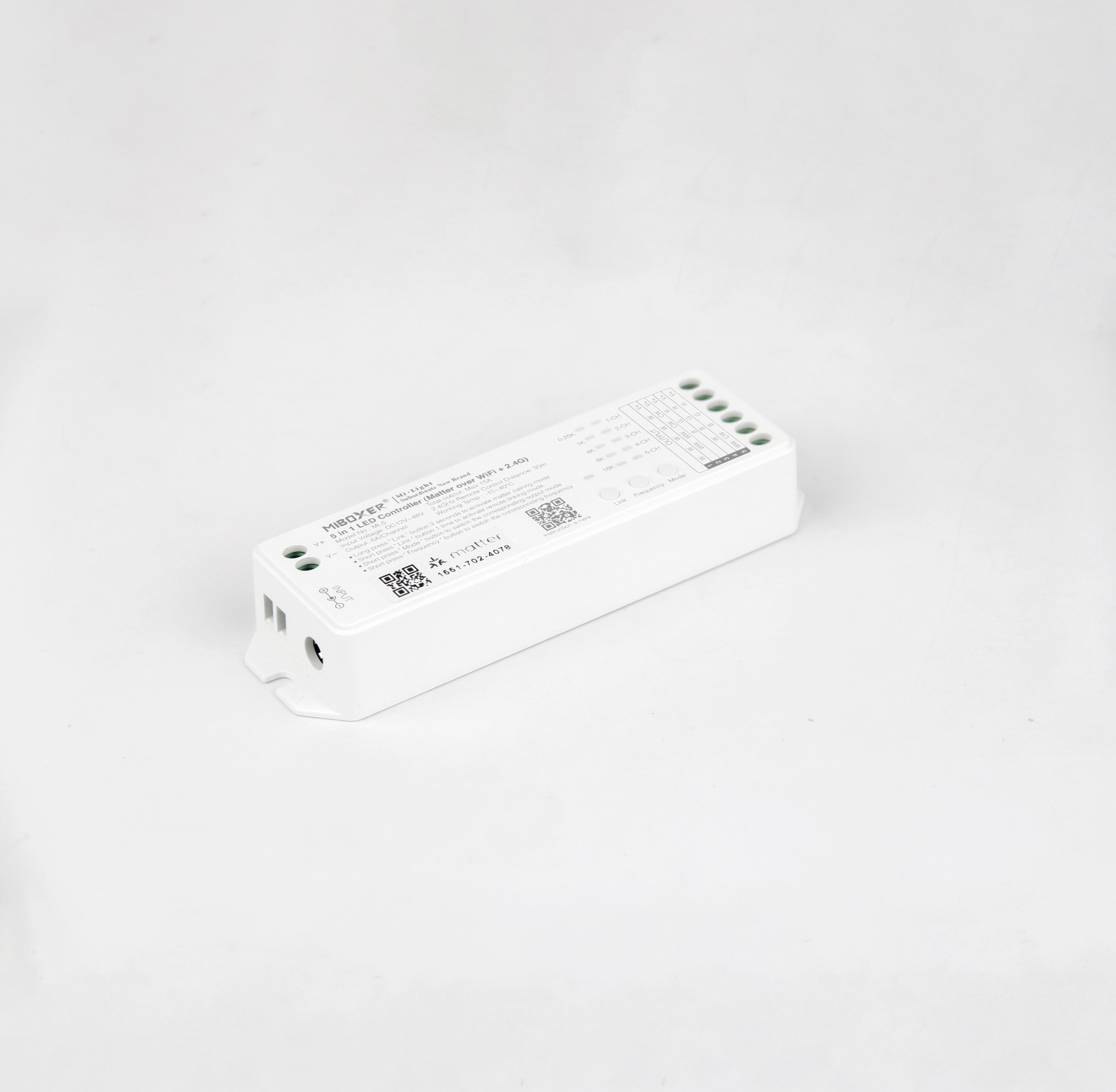 MiBoxer ML5 Matter LED Controller Verpackungsmaße – Einzelbox und Versandkarton mit Abmessungen