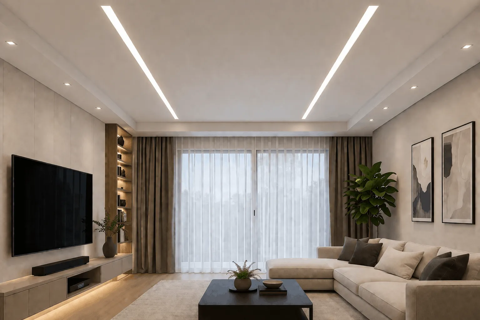 Deckenbeleuchtung Wohnzimmer mit LED Streifen – moderne indirekte Beleuchtung Deckenbeleuchtung Wohnzimmer mit LED Streifen indirekte Beleuchtung modern hell neutralweiß gleichmäßige Ausleuchtung