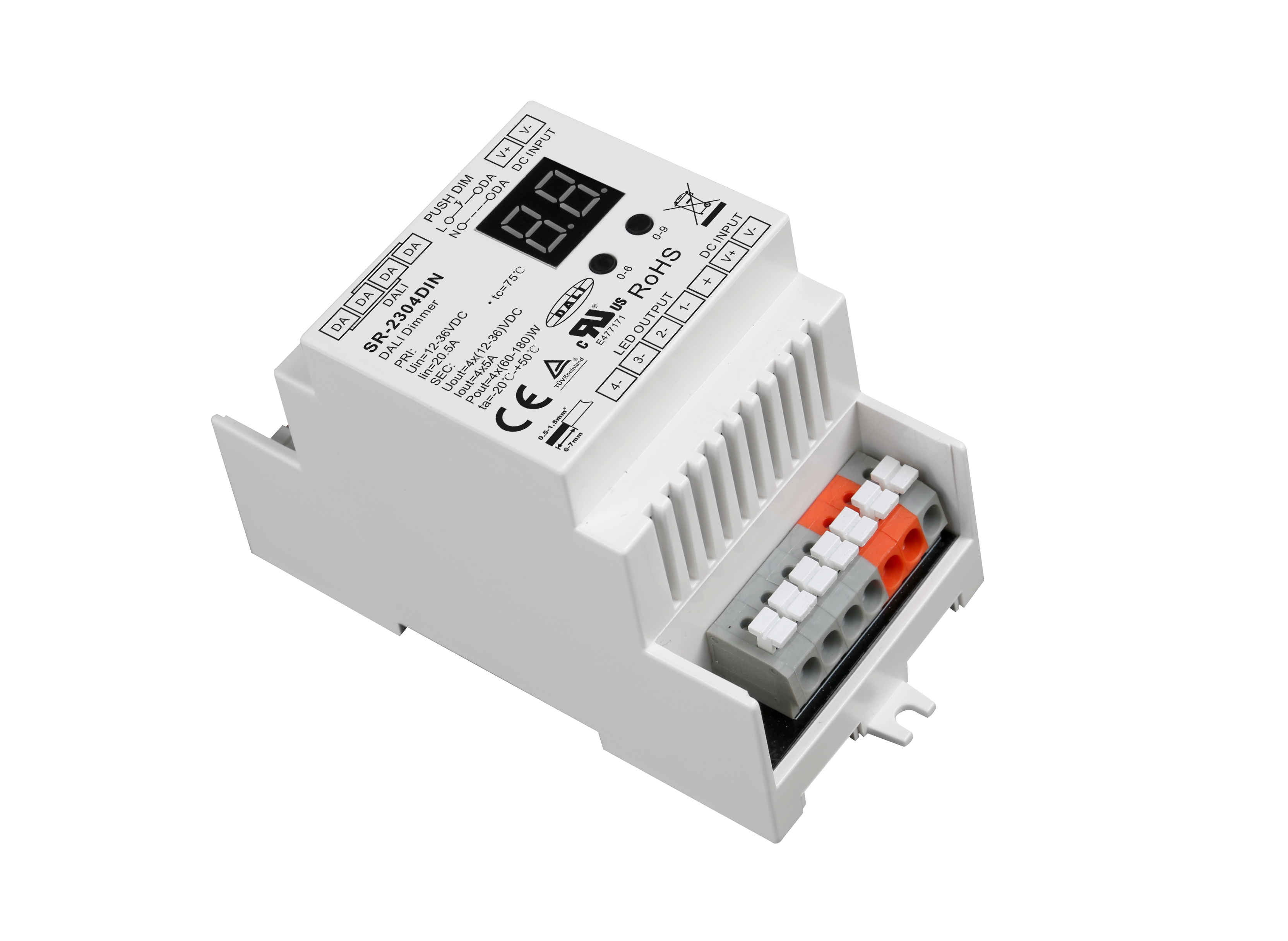 SR-2304DIN LED-Dimmer 4-Kanal – (12–36 V, 5 A/Kanal) für Konstantspannung, DALI & Taster-Dimmung für Hutschienenmontage