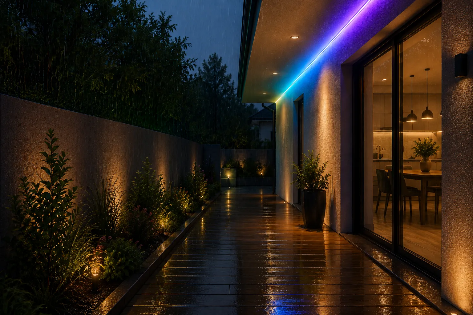 LED Streifen Set RGBCCT IP65 – Indirekte Außenbeleuchtung an moderner Hausfassade Moderne Hausfassade mit indirekter RGBCCT IP65 COB LED Außenbeleuchtung.