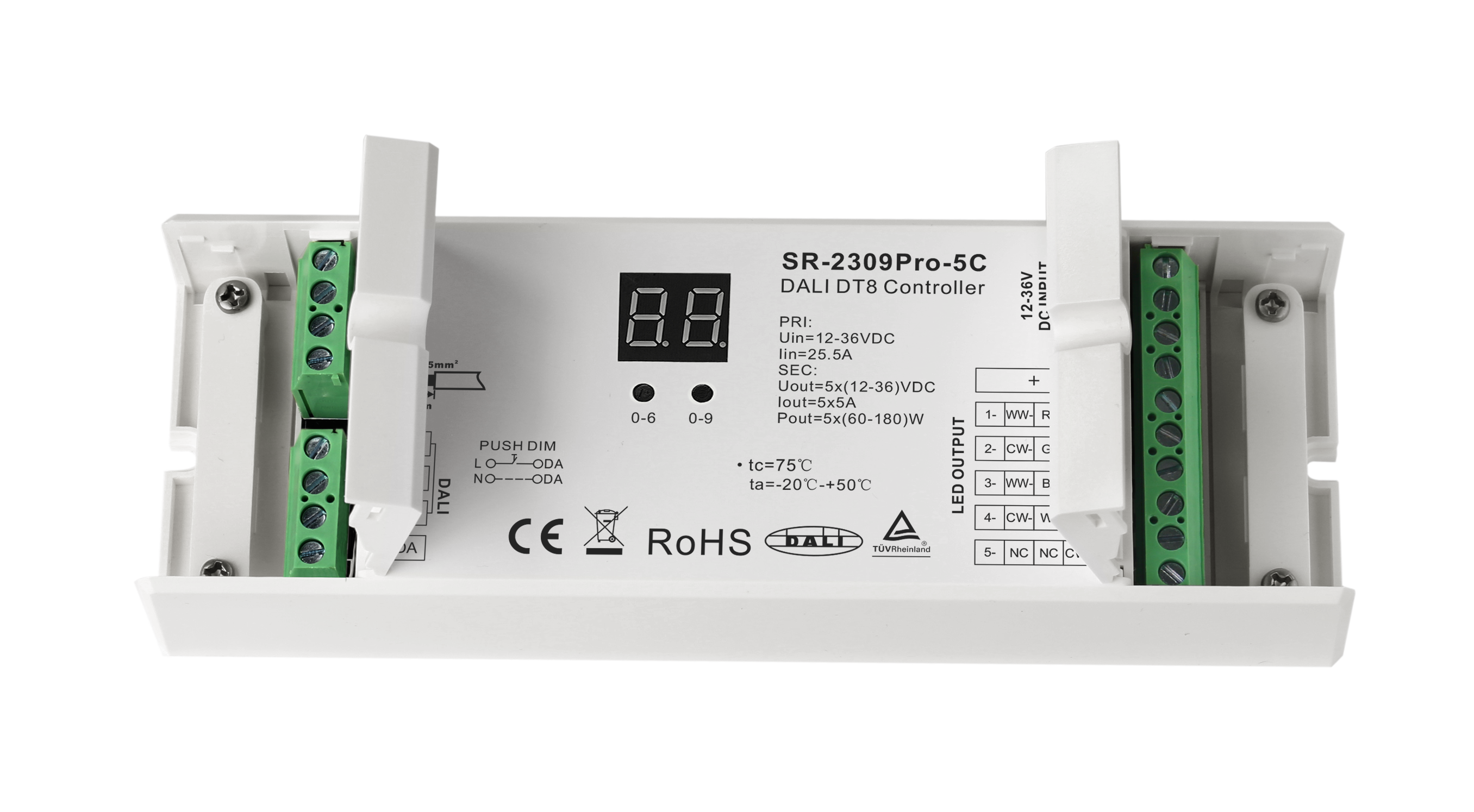 SR-2309PRO-5C LED-Dimmer 5-Kanal – (12–48 V, 5 A/Kanal) für Konstantspannung, DALI DT8 & 7-in-1 Farbsteuerung