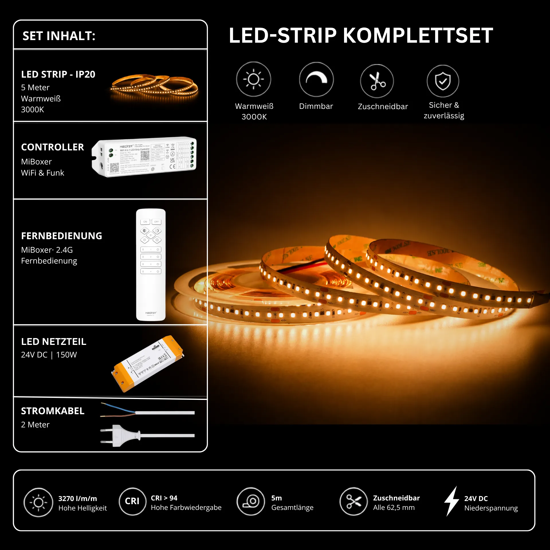 LED Streifen Set High Power Warmweiß 3000K – SMD LED Streifen 24V, 22 W/m, 3270 lm/m, 5m – SS150 Netzteil, WL5 WiFi Controller & C1 Fernbedienung Weiß