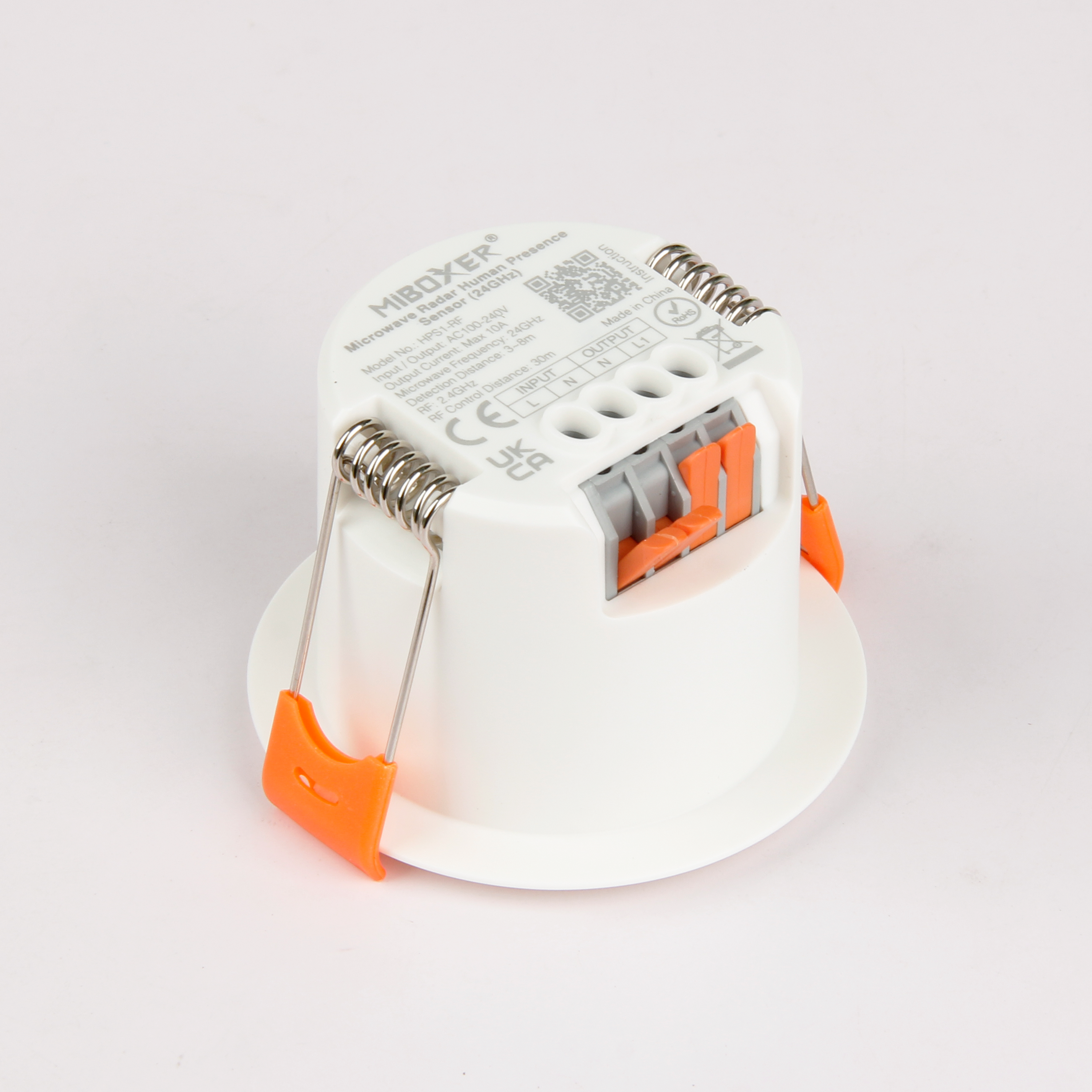 MiBoxer HPS1 RF Präsenzsensor Anschlussklemmen 2.4GHz Decken Einbau Detailansicht Rückseite des MiBoxer HPS1 Präsenzsensors mit Anschlussklemmen, Typenschild und 2,4 GHz Funkmodul