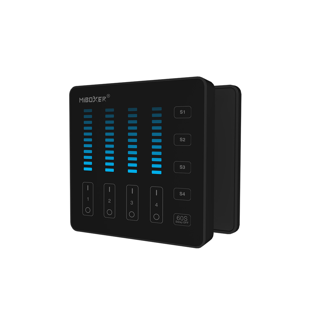 MiBoxer B5 LED-Wandpanel schwarz – Aufbauansicht Schwarze MiBoxer B5 LED-Wandfernbedienung als Touchpanel mit sichtbarer Bautiefe, 4 Zonen, 5 Szenen, 2,4 GHz Funk