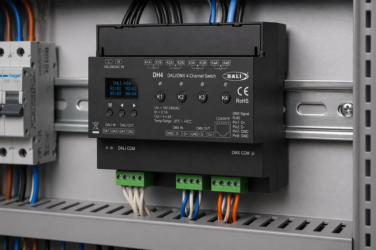 LED DALI Hutschienen Controller für Schaltschrank Installation LED DALI Hutschienen Controller im Schaltschrank zur professionellen Lichtsteuerung installiert