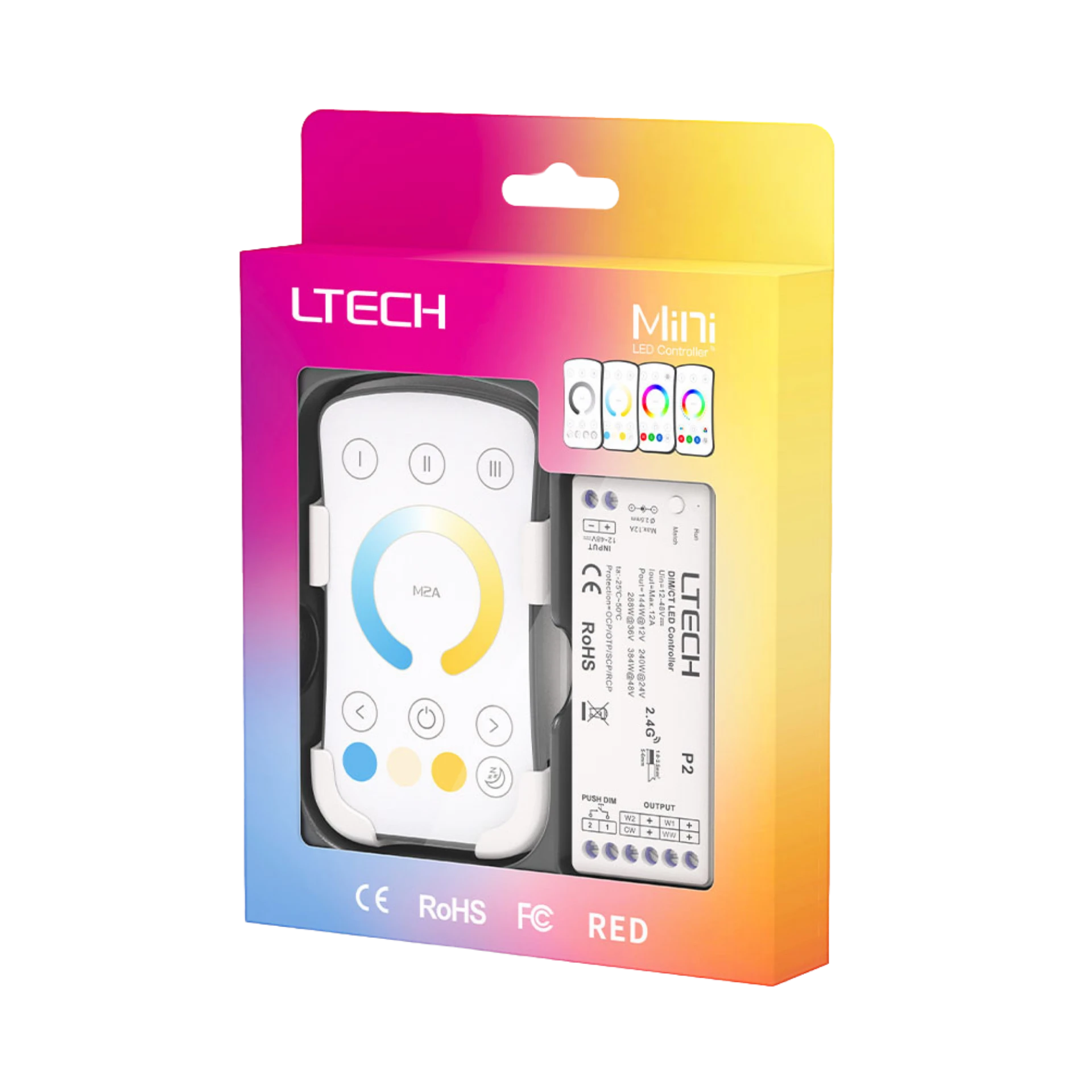 LTECH M2A+P2 CCT LED Funk Set 2.4 GHz, Funk Fernbedienung & 2-Kanal Empfänger, 12-48V DC, für CCT LED Streifen