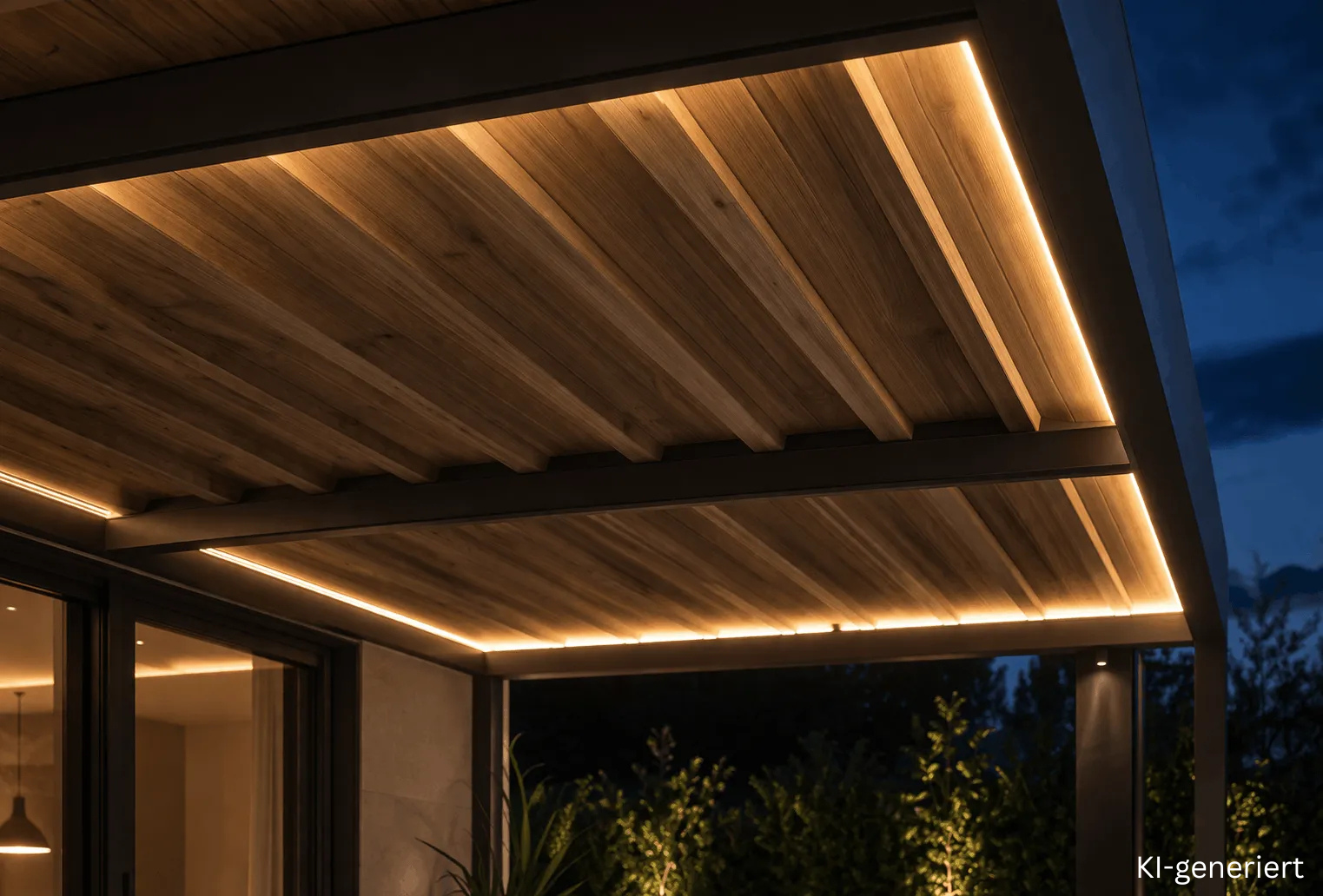 Terrassendach mit warmweißen LED Streifen als indirekte Deckenbeleuchtung