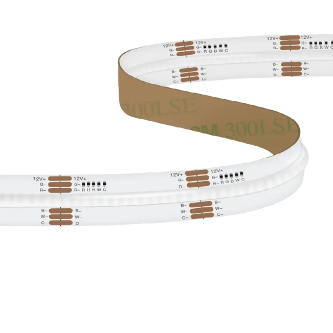 COB RGBCCT LED Streifen für Farbwechsel sowie warmweiß und kaltweiß in homogener Lichtlinie COB RGBCCT LED Streifen 24V mit Farbwechsel sowie warmweiß und kaltweiß, homogene Lichtlinie ohne sichtbare Punkte