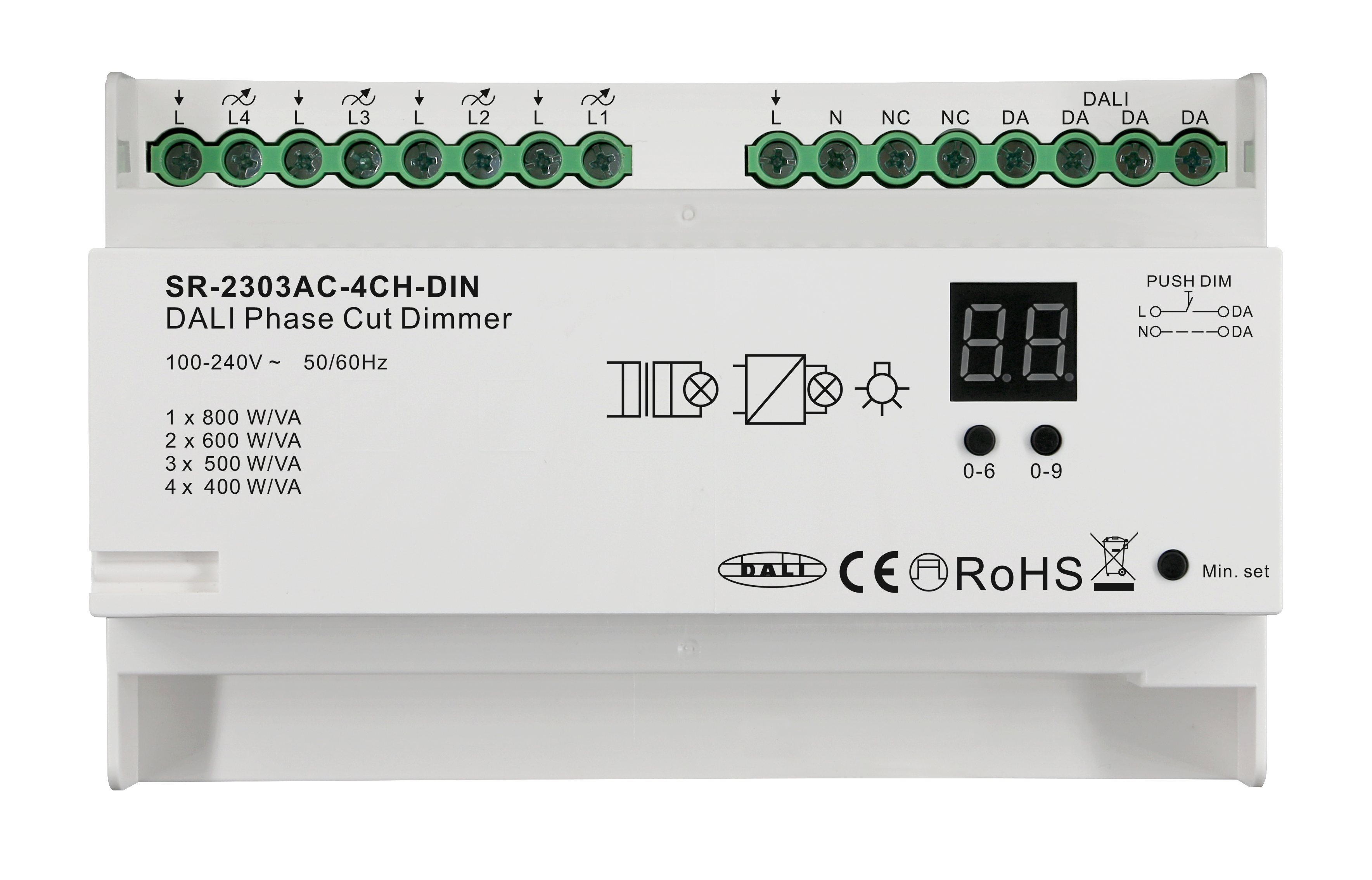 SR-2303AC-4CH-DIN DALI Phasenabschnitt-Dimmer – 4-Kanal, 100–240 V AC, Hutschiene, trailing edge