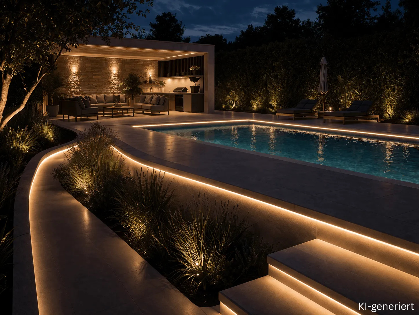 Poolumrandung mit warmweißen LED Streifen als indirekte Beleuchtung an Pool und Terrasse