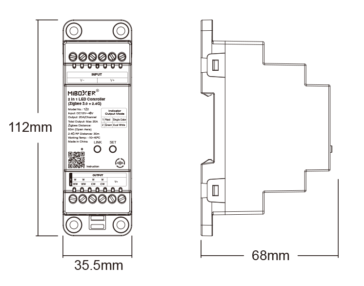 MiBoxer TZ2 2-in-1 LED-Controller für Hutschiene technische Zeichnung mit Abmessungen 112 mm x 35,5 mm x 68 mm Art. 23002