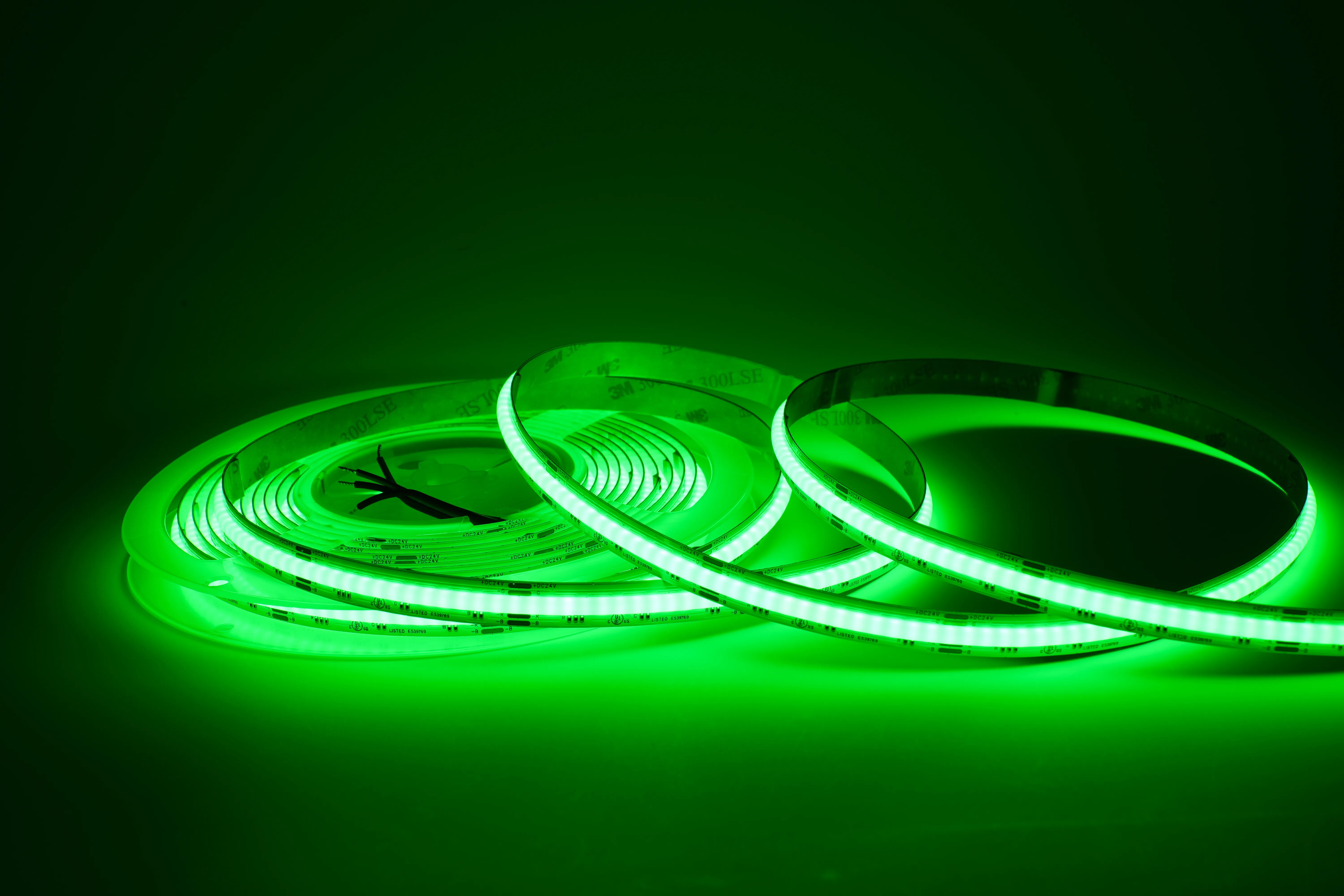 RGB LED Streifen 10 mm in kräftigem Grün, homogen leuchtend ohne sichtbare Lichtpunkte, 840 LEDs/m, 24 V, 180° Abstrahlwinkel – perfekt für indirekte Beleuchtung, Akzent- und Ambientelicht