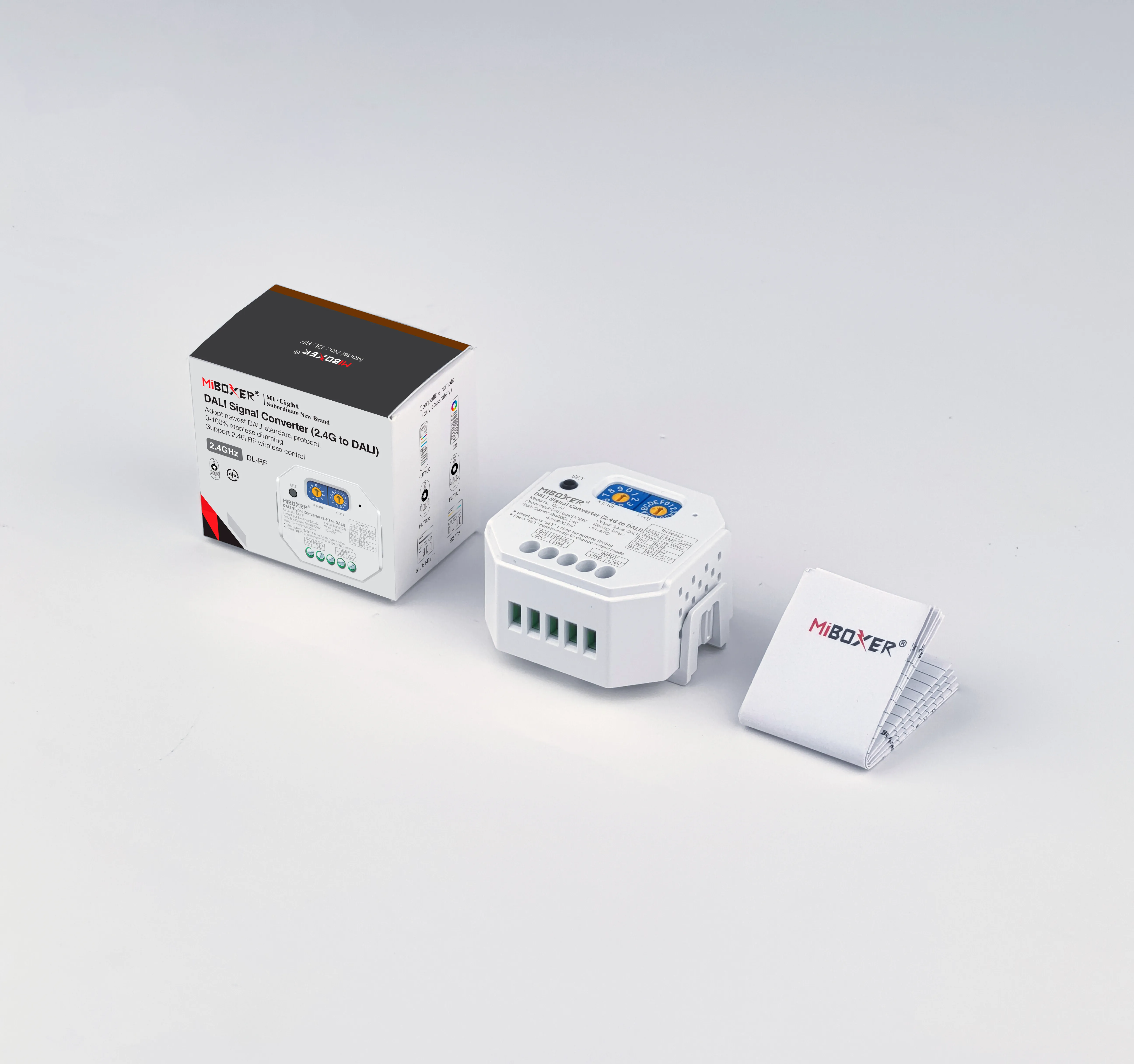 Lieferumfang MiBoxer DL-RF DALI Signalwandler: Gerät, Originalverpackung und Anleitung