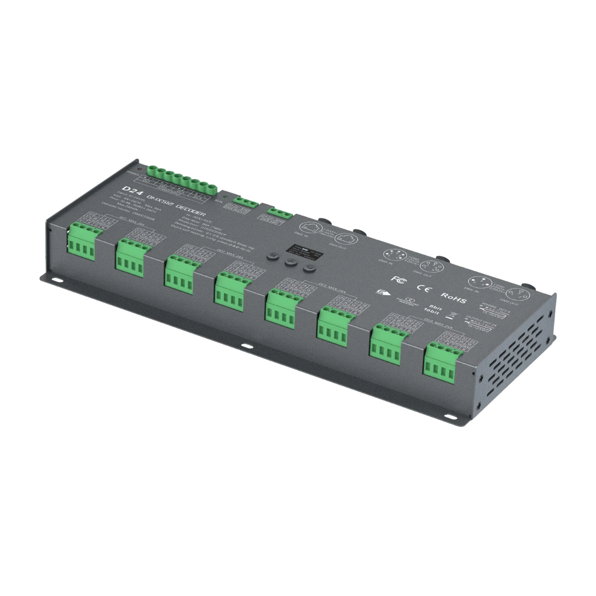 LTECH D24 DMX512/RDM LED Controller 24-Kanal 3A, 12-24V DC, mit OLED Display, Konstantspannung