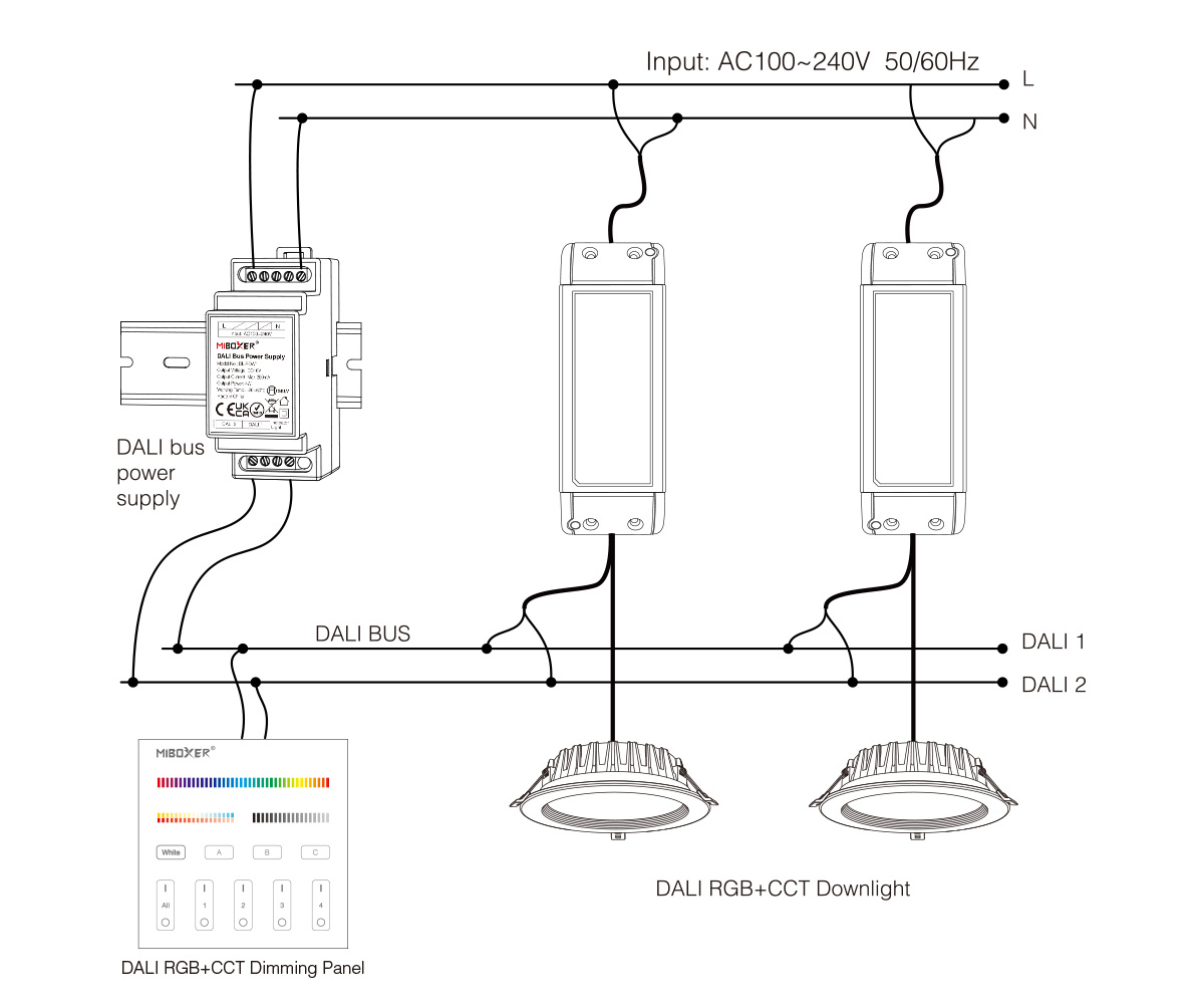DALI Bus Verkabelung Schema mit DALI Stromversorgung Controllern und LED Downlights Anschlussplan