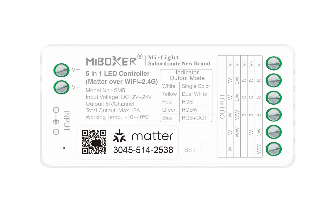 MiBoxer SM5 5-in-1 LED Controller – Matter over WiFi und 2,4 GHz Funk, RGB, RGBW, RGB+CCT, CCT und einfarbig, 12–24V DC, 12A, Apple HomeKit, Google Home, Alexa, Frontansicht