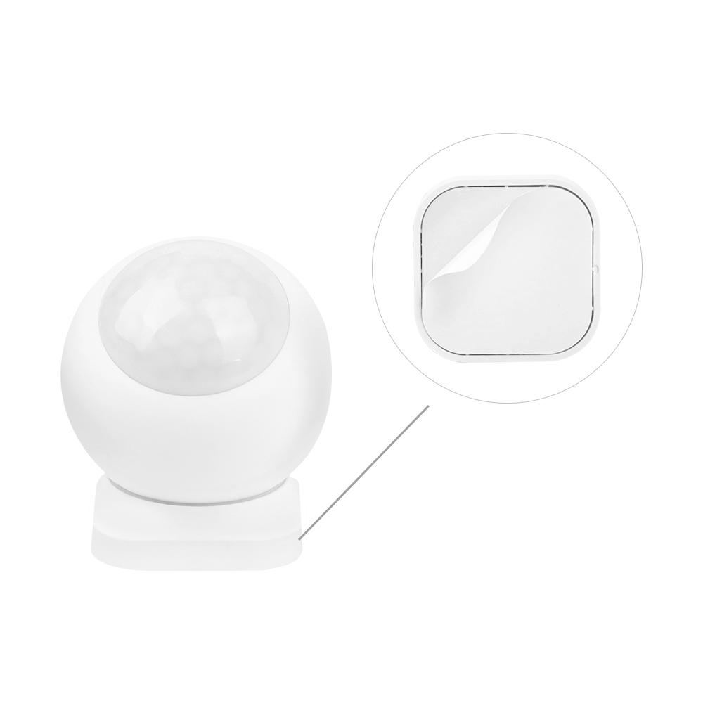 Detailansicht des MiBoxer PIR1 PIR-Bewegungsmelders mit Sensorlinse und Rückseite zur bohrfreien Montage per Klebepad