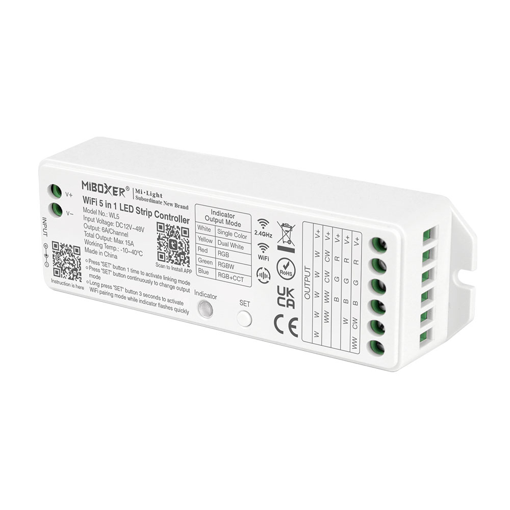 MiBoxer WL5 5-in-1 LED Controller – WiFi & 2.4 GHz, Indoor & Outdoor, RGB+CCT, 12–48 V
