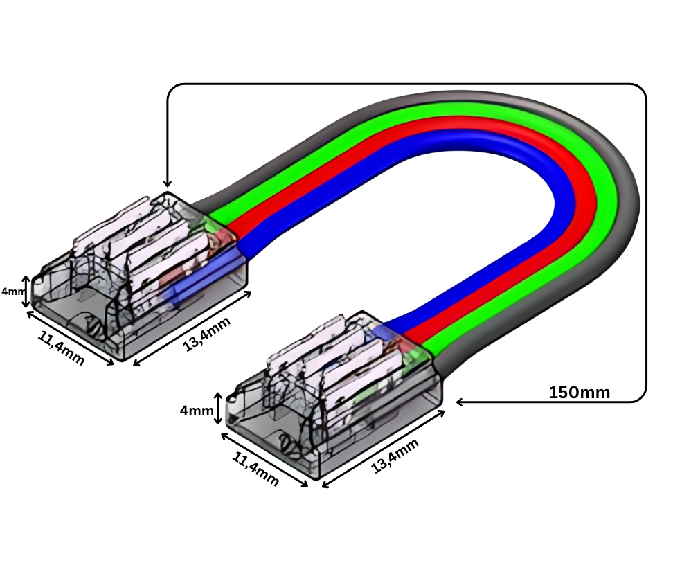 4-Pin RGB LED Strip to Strip Connector 10 mm – Solderless with 15 cm Link Cable – SK-LED LED Streifen-zu-Streifen Verbinder für 10 mm RGB SMD LED-Streifen – lötfreie Verbindung mit 15 cm Kabel für flexible RGB-Installationen – SK-LED