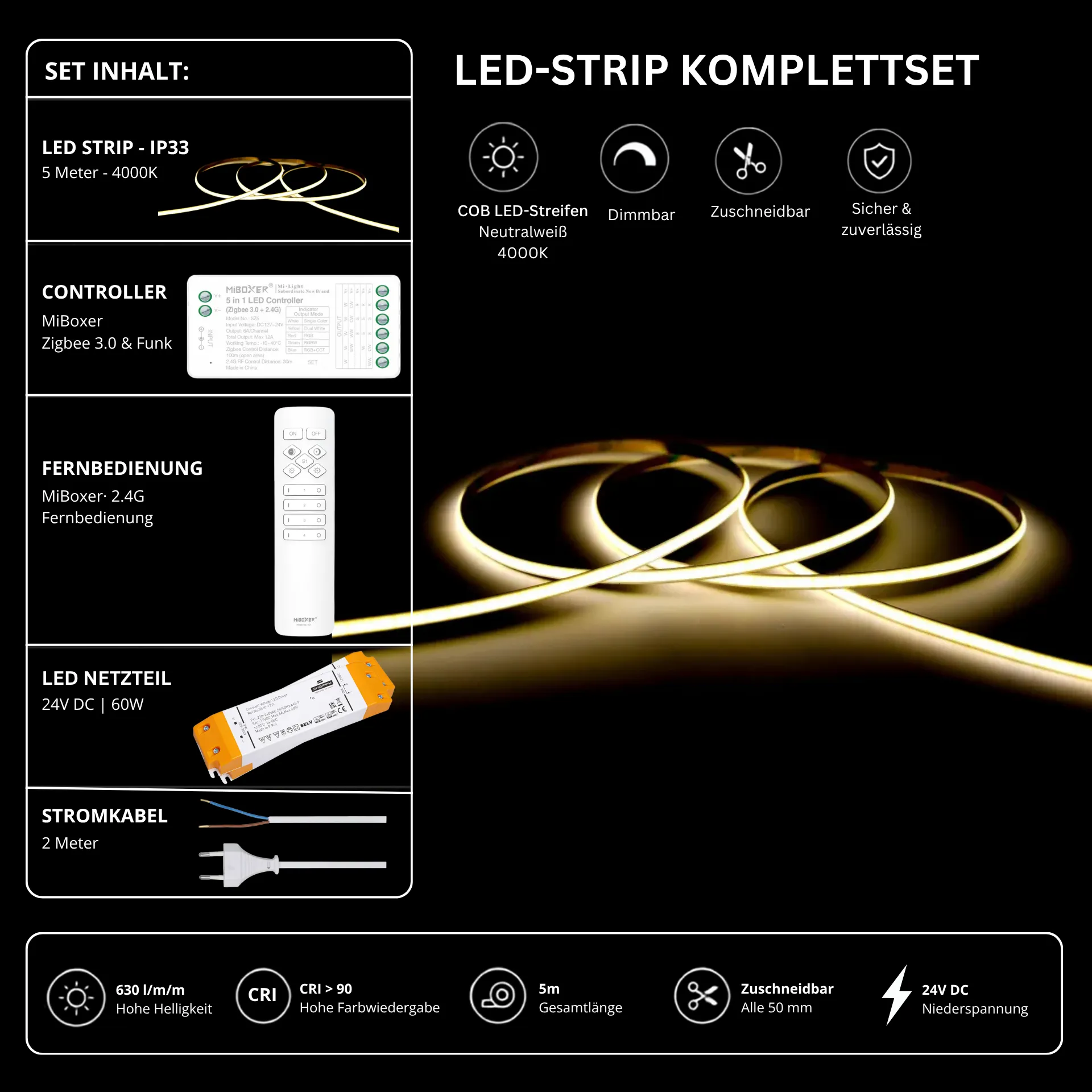 LED Streifen Set Einfarbig COB Schmal – 5 mm COB LED Streifen 24V, punktfrei, 7 W/m, 5m, Neutralweiß 4000K, CRI 90 – SS60 Netzteil, SZ2 Zigbee 3.0 Controller & C1 Fernbedienung Weiß