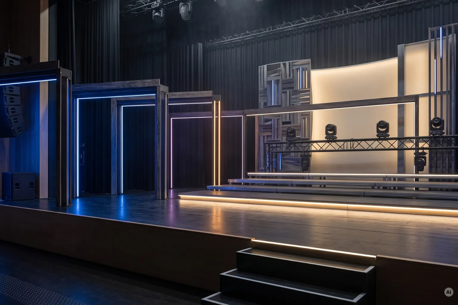 Moderne Event-Bühne mit leuchtenden LED-Lichtrahmen in Blau und warmem Weiß, beleuchteten Stufenkanten sowie Scheinwerfern auf einer Traversenkonstruktion.