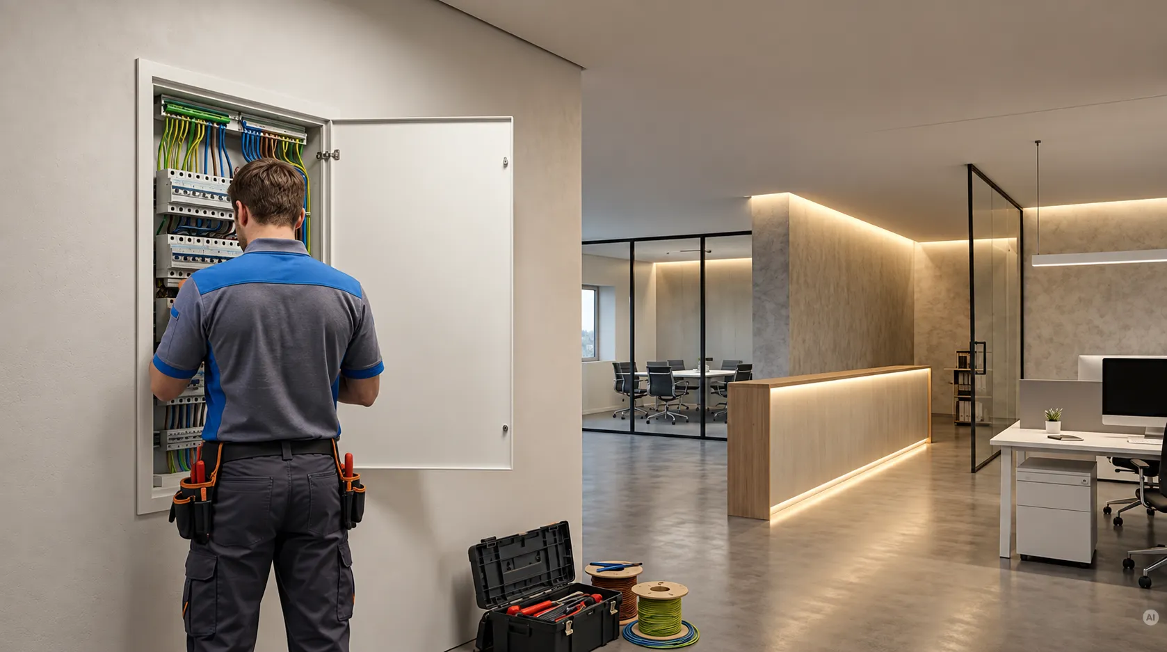 Elektriker installiert Trafo- und Steuerungskomponenten im Unterputz-Schaltschrank eines modernen Büros mit indirekter LED-Lichtleiste am Empfangstresen.