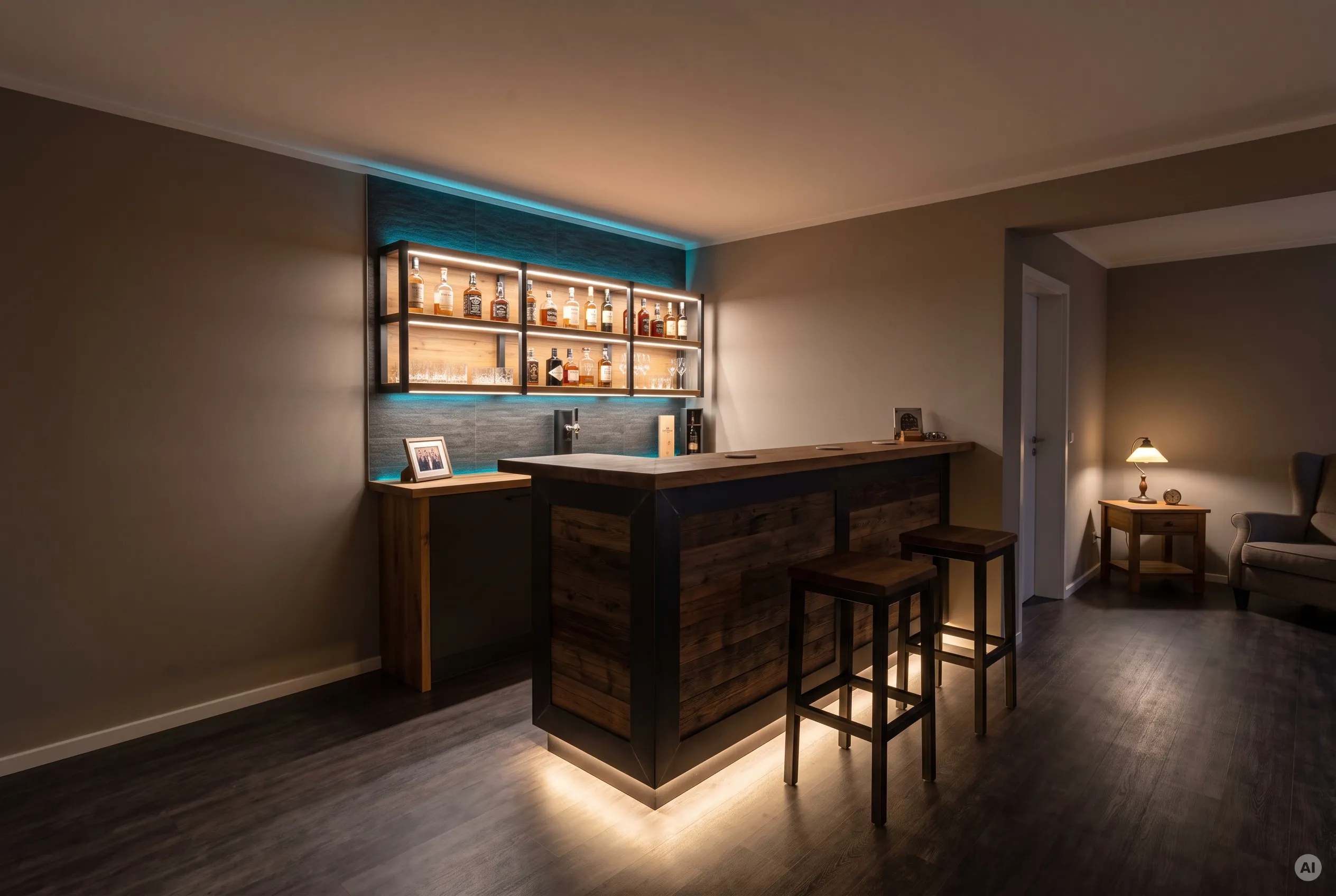 Private Kellerbar aus Holz und Metall mit schwebender LED-Sockelbeleuchtung unter der Theke, beleuchtetem Flaschenregal und dezenter RGBW-Hintergrundbeleuchtung.
