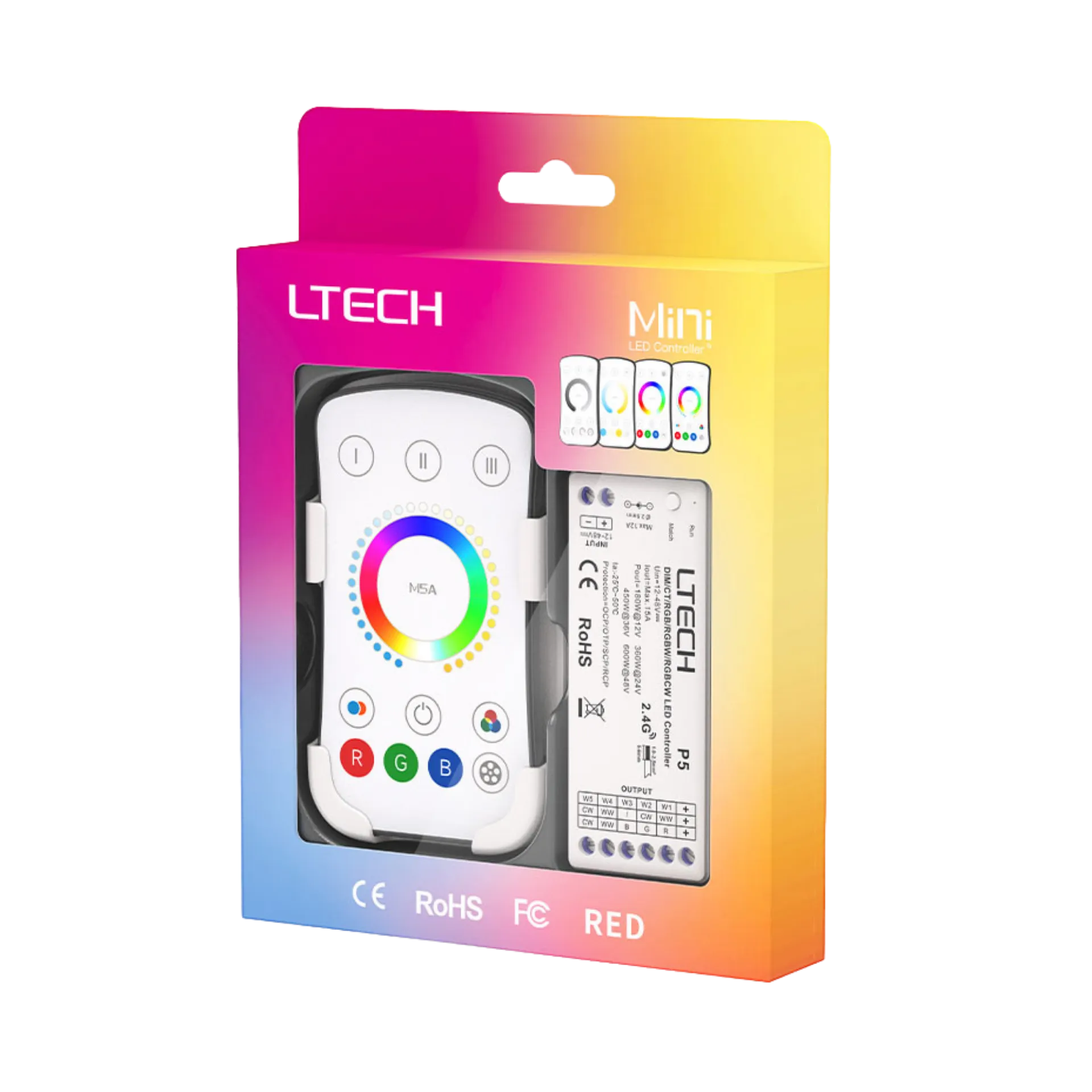 LTECH M5A+P5 LED Funk Set 2.4 GHz, Funk Fernbedienung & 5-Kanal Empfänger, 12-48V DC, für RGBCCT LED Streifen