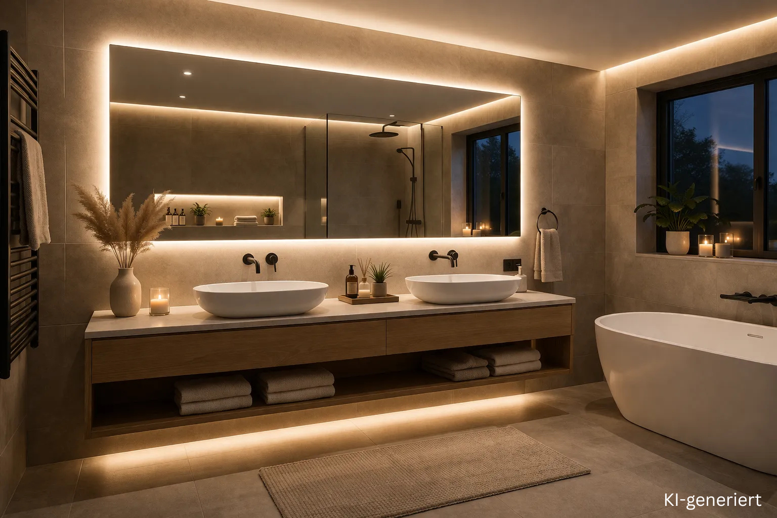 Badbeleuchtung mit LED Streifen – indirekte Spiegelbeleuchtung im modernen Badezimmer badbeleuchtung-led-streifen-spiegel-indirekt-doppelwaschtisch-modern