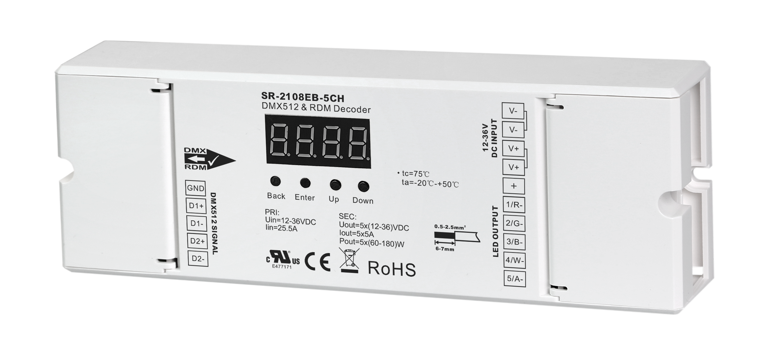 SR-2108EB-5CH DMX512 & RDM LED Decoder – 5-Kanal, 5A/Kanal, 12–36 V, 8/16 Bit