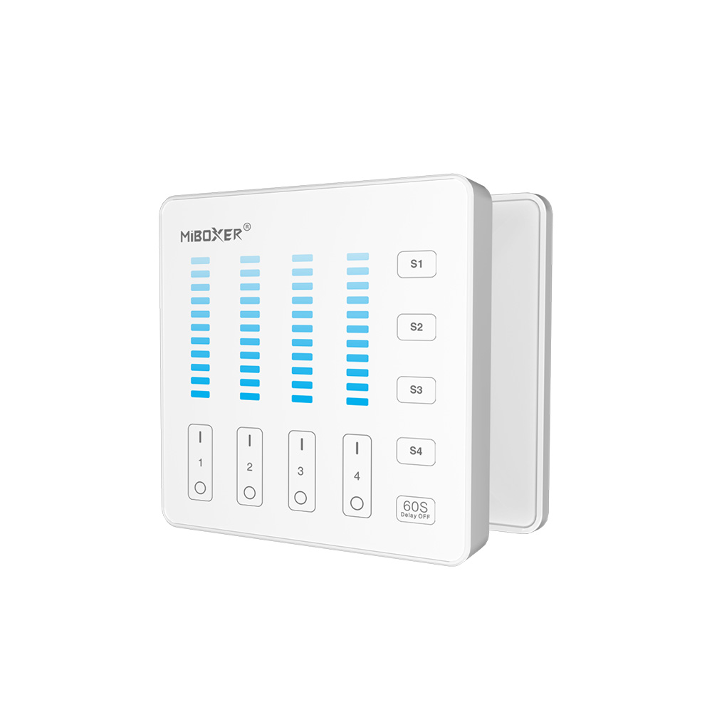 MiBoxer B5 LED-Wandpanel Touch-Dimmer – Schrägansicht MiBoxer B5 LED-Wandfernbedienung als Touchpanel mit 4 Zonen, 1 Kanal und 5 Szenen in Schrägansicht, 2,4 GHz Funk